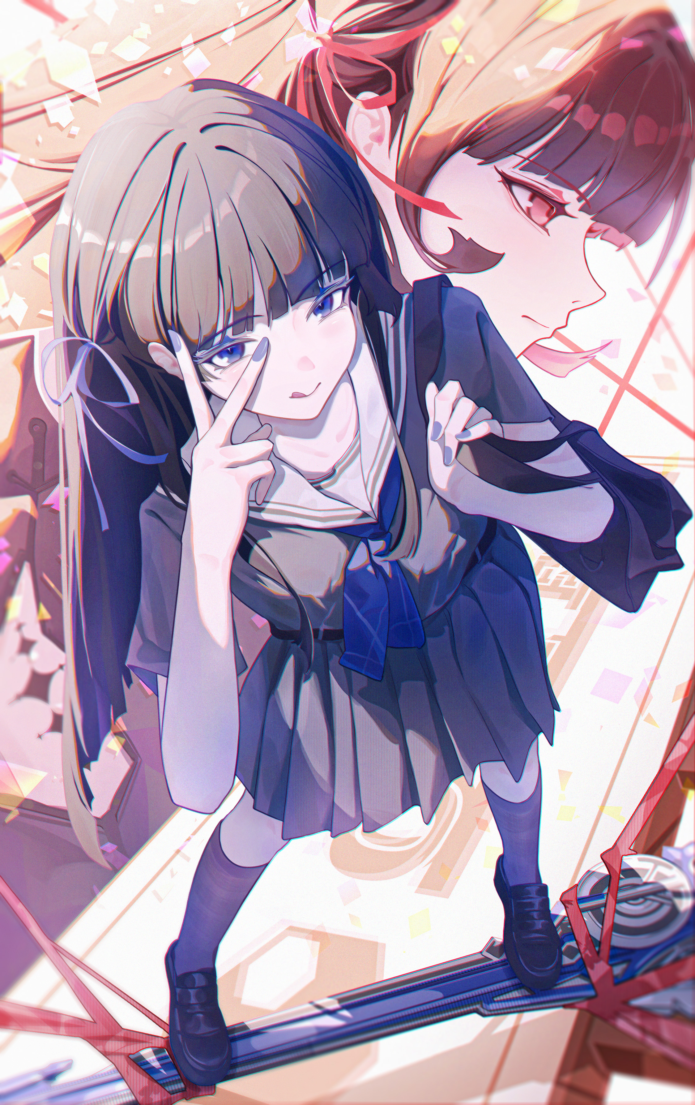 chisa (wuthering waves), wuthering waves, absurdres, commentary, english commentary, highres, 1girl, :q, black hair, black shirt, black shoes, black skirt, black socks, blue eyes, blue nails, blue ribbon, closed mouth, hair ribbon, hand up, loafers, long hair, looking at viewer, multiple views, nail polish, nicheng buneng you biaoqing bao ma, red eyes, red ribbon, ribbon, sailor collar, shirt, shoes, skirt, smile, socks, tongue, tongue out, v, v over eye, white sailor collar