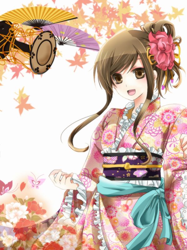 sakura (lilak a), original, bad id, bad pixiv id, 1girl, brown eyes, brown hair, bug, butterfly, female focus, flower, frills, hair ornament, hand fan, insect, japanese clothes, kimono, leaf, maple leaf, open mouth, sidelocks, smile, solo