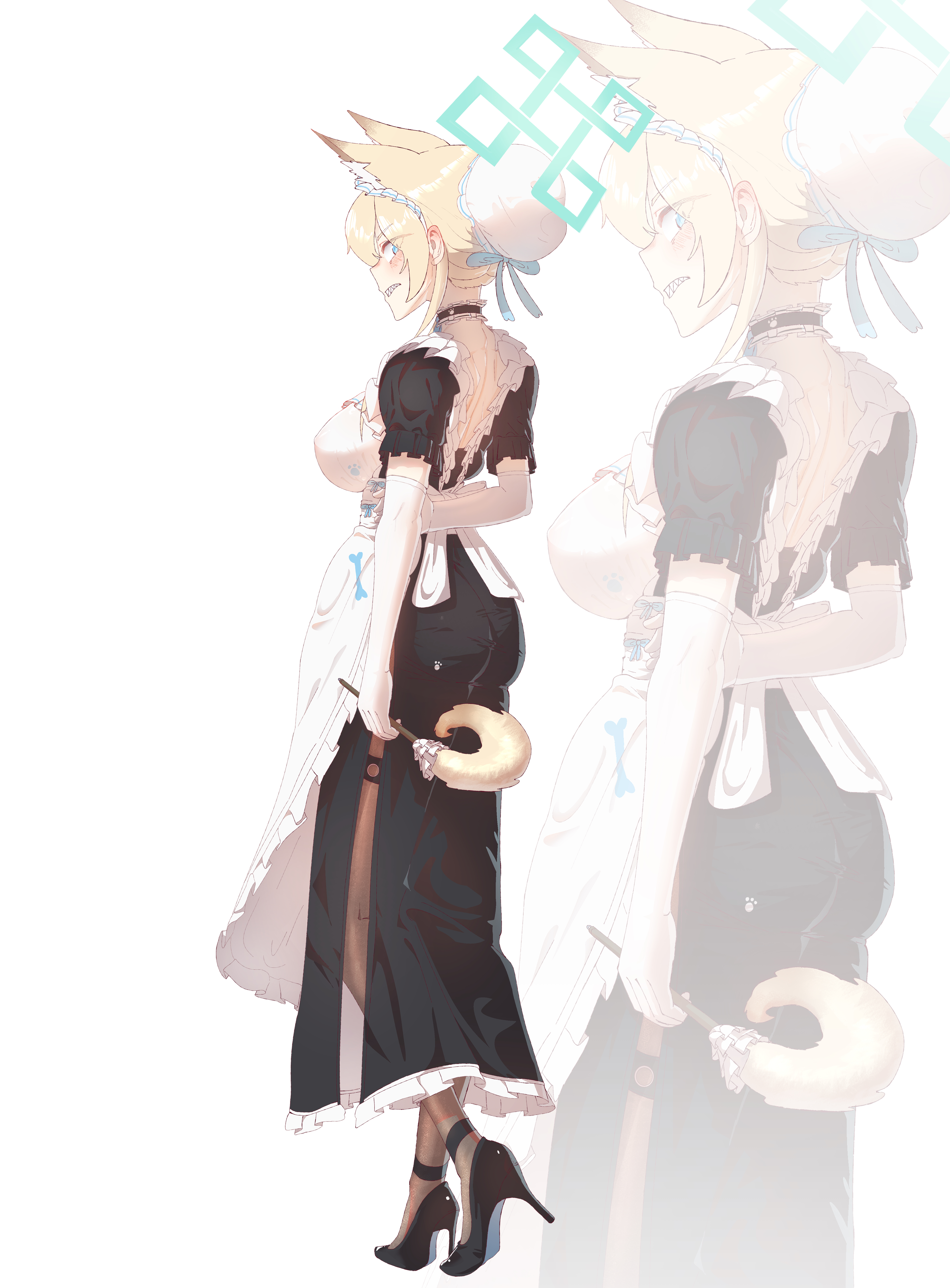 02milos02, kanna (blue archive), blue archive, absurdres, commentary request, highres, 1girl, animal ears, apron, ass, black dress, black shoes, black thighhighs, blonde hair, blue eyes, blue halo, blush, breasts, bun cover, clenched teeth, covered erect nipples, dog ears, dog girl, dress, duster, elbow gloves, gloves, hair bun, halo, high heels, holding, holding duster, large breasts, maid, maid apron, maid headdress, sharp teeth, shoes, short sleeves, solo, teeth, thighhighs, white gloves, zoom layer