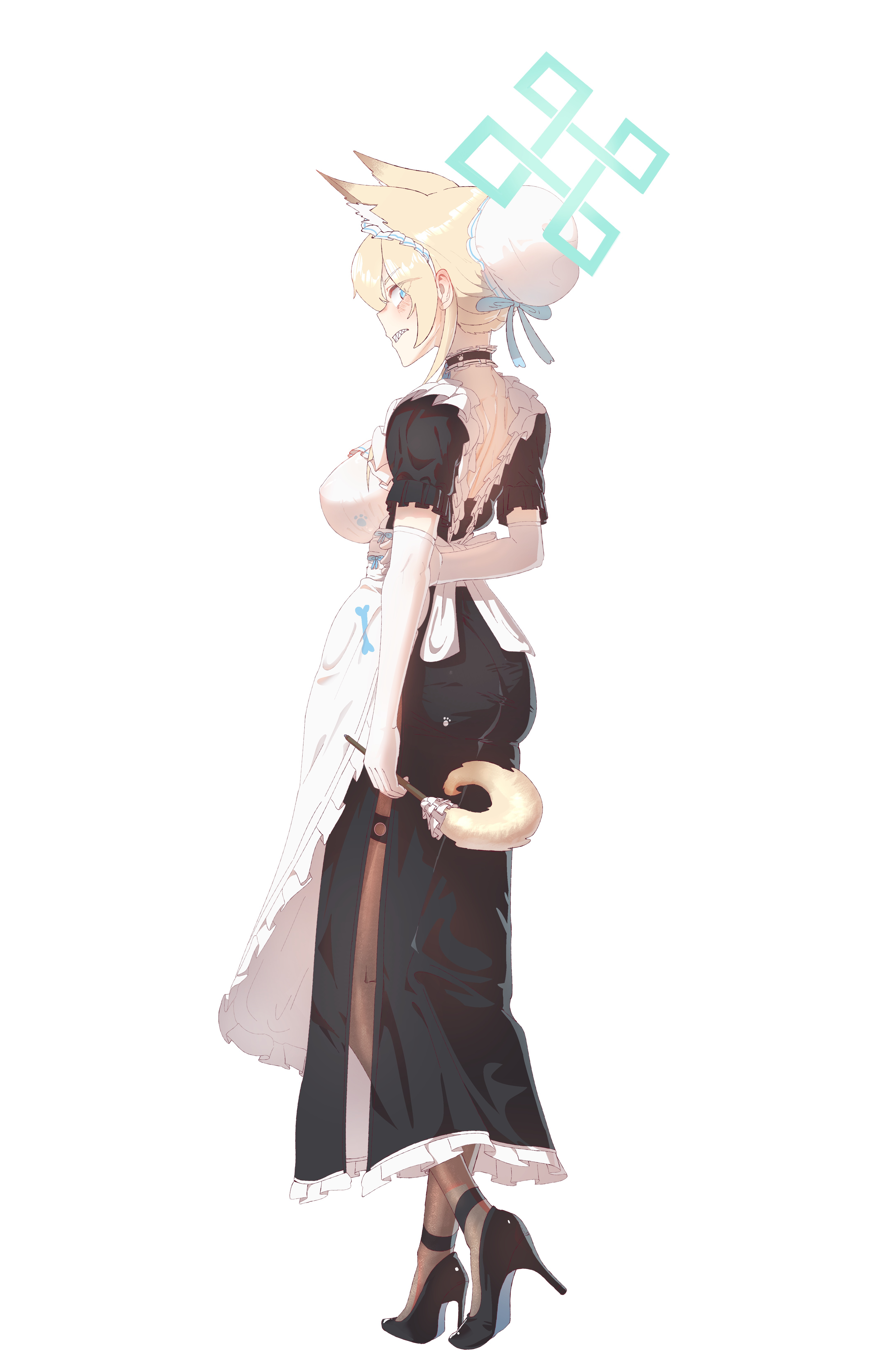 02milos02, kanna (blue archive), blue archive, absurdres, commentary request, highres, 1girl, animal ears, apron, ass, black dress, black shoes, black thighhighs, blonde hair, blue eyes, blue halo, blush, breasts, bun cover, clenched teeth, covered erect nipples, dog ears, dog girl, dress, duster, elbow gloves, gloves, hair bun, halo, high heels, holding, holding duster, large breasts, maid, maid apron, maid headdress, sharp teeth, shoes, short sleeves, solo, teeth, thighhighs, white gloves