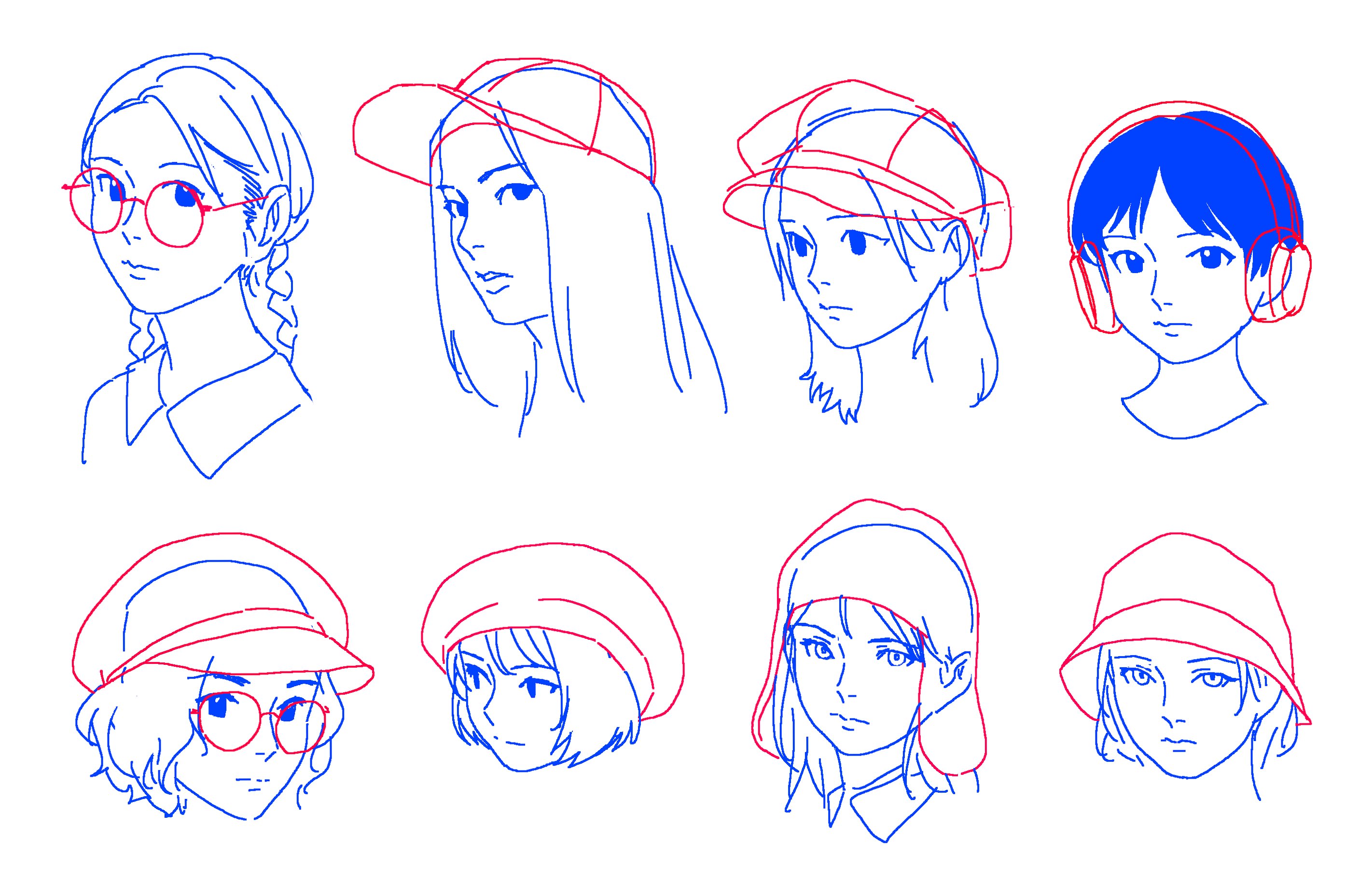 original, commentary, english commentary, highres, blue theme, braid, closed mouth, expressionless, glasses, gosari draw, hat, looking at viewer, monochrome, multiple girls, parody, short hair, simple background, smile, style parody, white background
