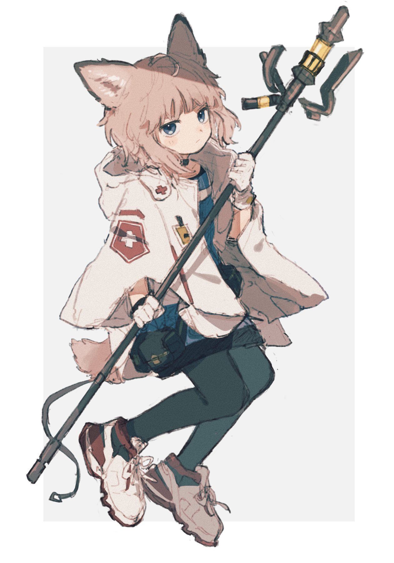 sussurro (arknights), arknights, commentary request, highres, 1girl, ahoge, animal ear fluff, animal ears, black choker, blue dress, blue eyes, brown hair, choker, closed mouth, coat, cross, dress, fox ears, fox girl, fox tail, full body, gloves, greek cross, holding, holding staff, hood, hooded coat, iwana oishi, looking at viewer, pantyhose, red cross, shoes, short hair, sneakers, solo, staff, standing, tail, white coat, white gloves, white shoes