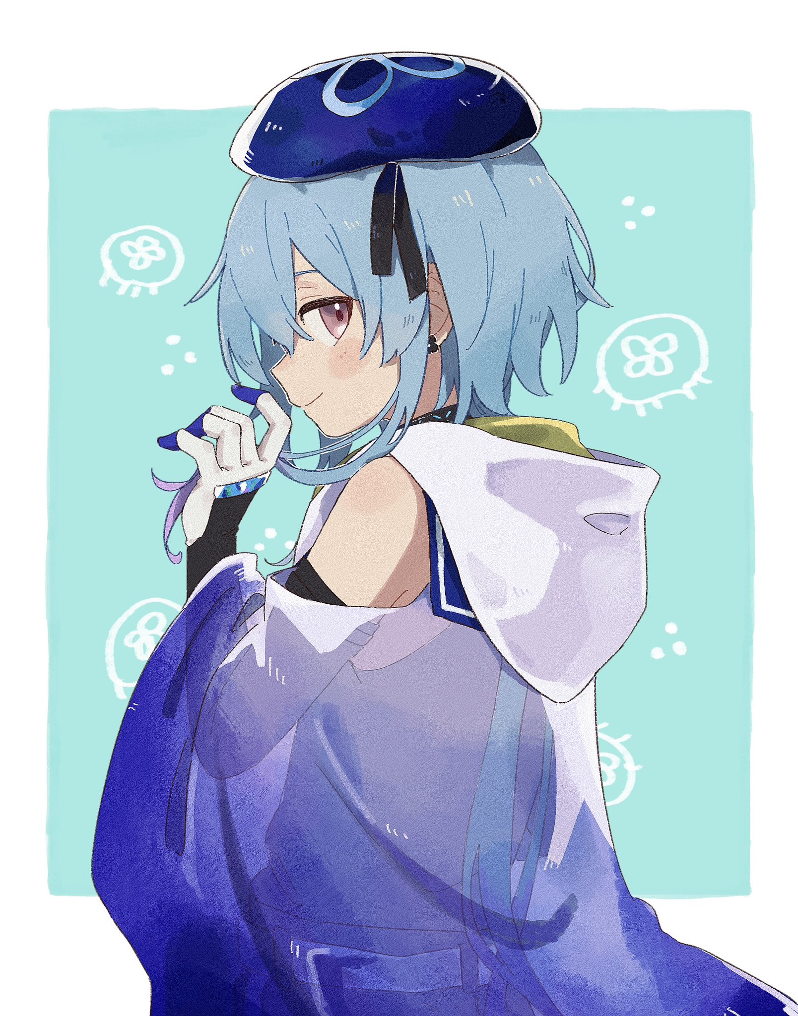 mizuki (arknights), arknights, commentary request, highres, 1boy, beret, blue background, blue cloak, blue hair, blue hat, cloak, closed mouth, from side, gloves, hair between eyes, hat, iwana oishi, jellyfish, looking at viewer, looking back, male focus, pink eyes, profile, smile, solo, trap, white gloves