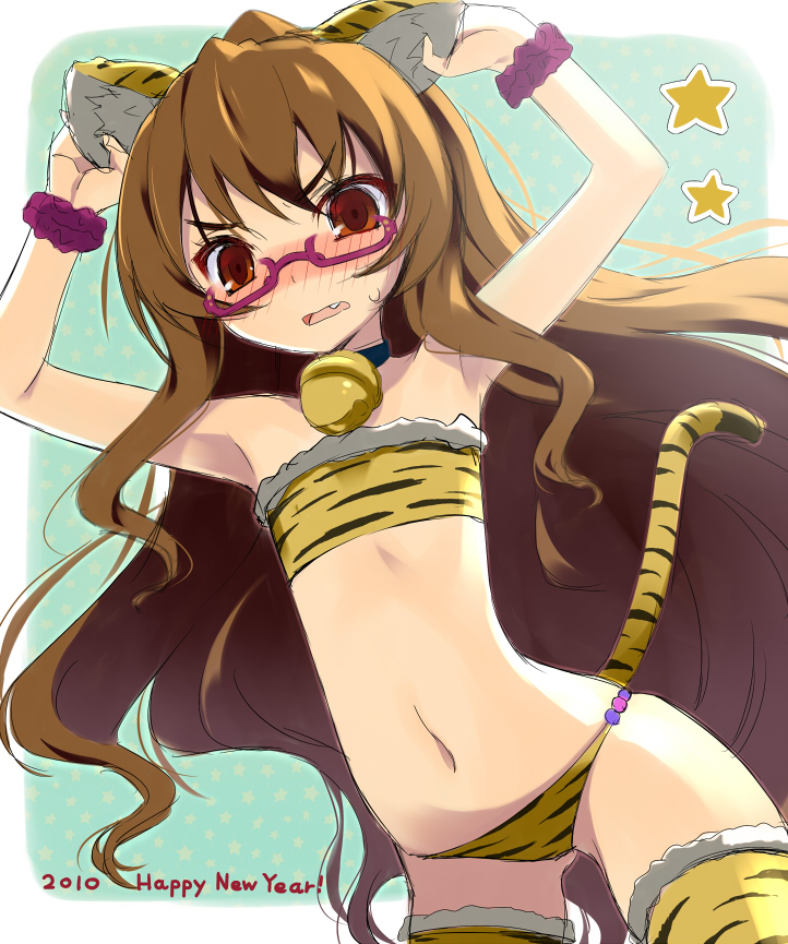 osa (osaosa), aisaka taiga, tiger (chinese zodiac), toradora!, 00s, 10s, 1girl, 2010, animal ears, arms up, bell, bespectacled, bikini, blush, brown eyes, brown hair, chinese zodiac, fang, female focus, flat chest, glasses, loli, long hair, navel, new year, solo, swimsuit, tail, thighhighs, tiger ears, very long hair, yellow bikini