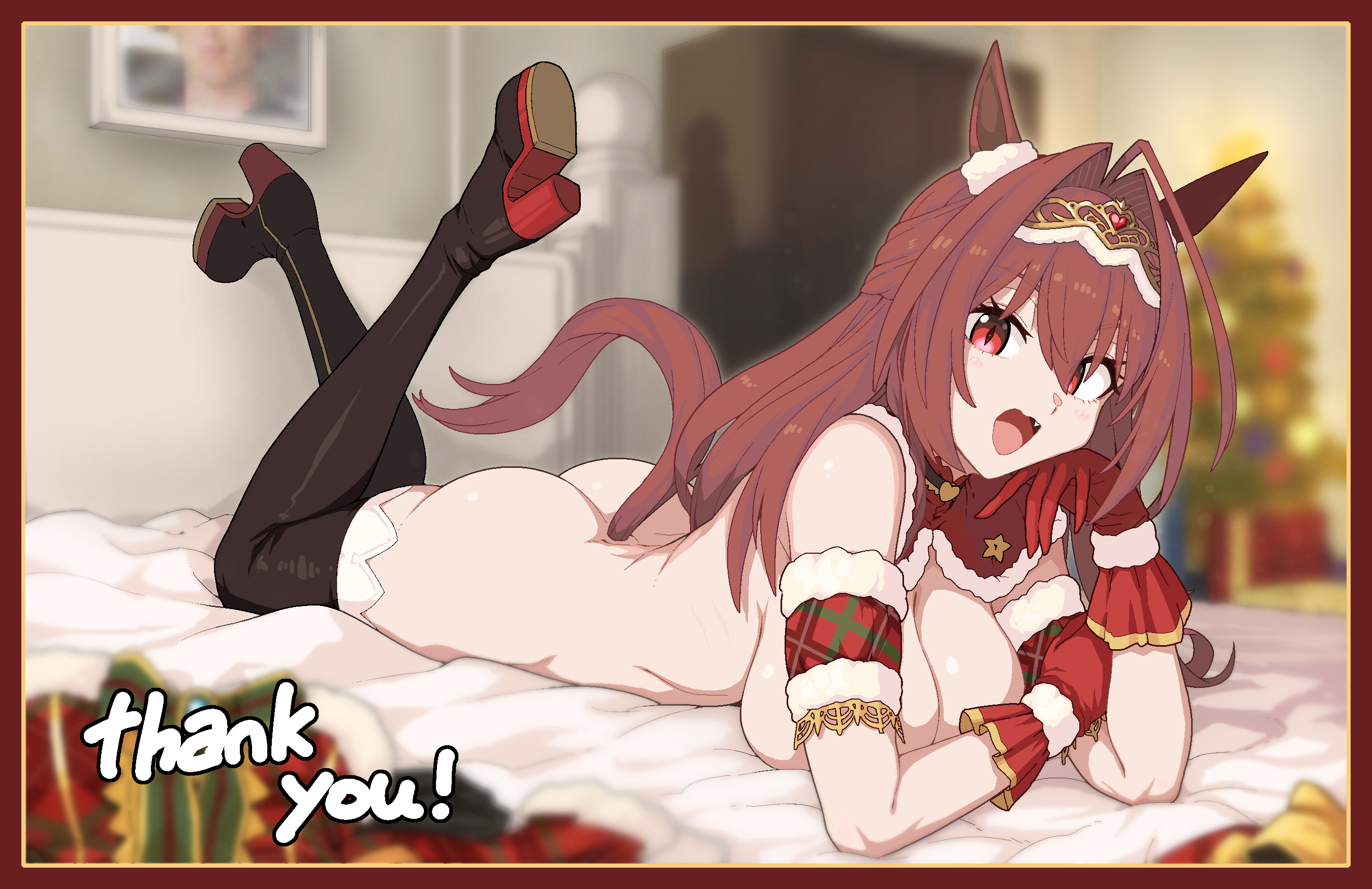 formicid, daiwa scarlet (scarlet nuit etoile) (umamusume), daiwa scarlet (umamusume), umamusume, commentary request, highres, korean commentary, 1girl, animal ears, antenna hair, ass, bare shoulders, barefoot, bed sheet, boots, breasts, brown hair, brown tail, detached sleeves, ear covers, english text, gloves, hair between eyes, hair intakes, horse ears, horse girl, indoors, long hair, lying, no bra, no panties, on bed, on stomach, red eyes, red gloves, single ear cover, solo, thigh boots, tiara