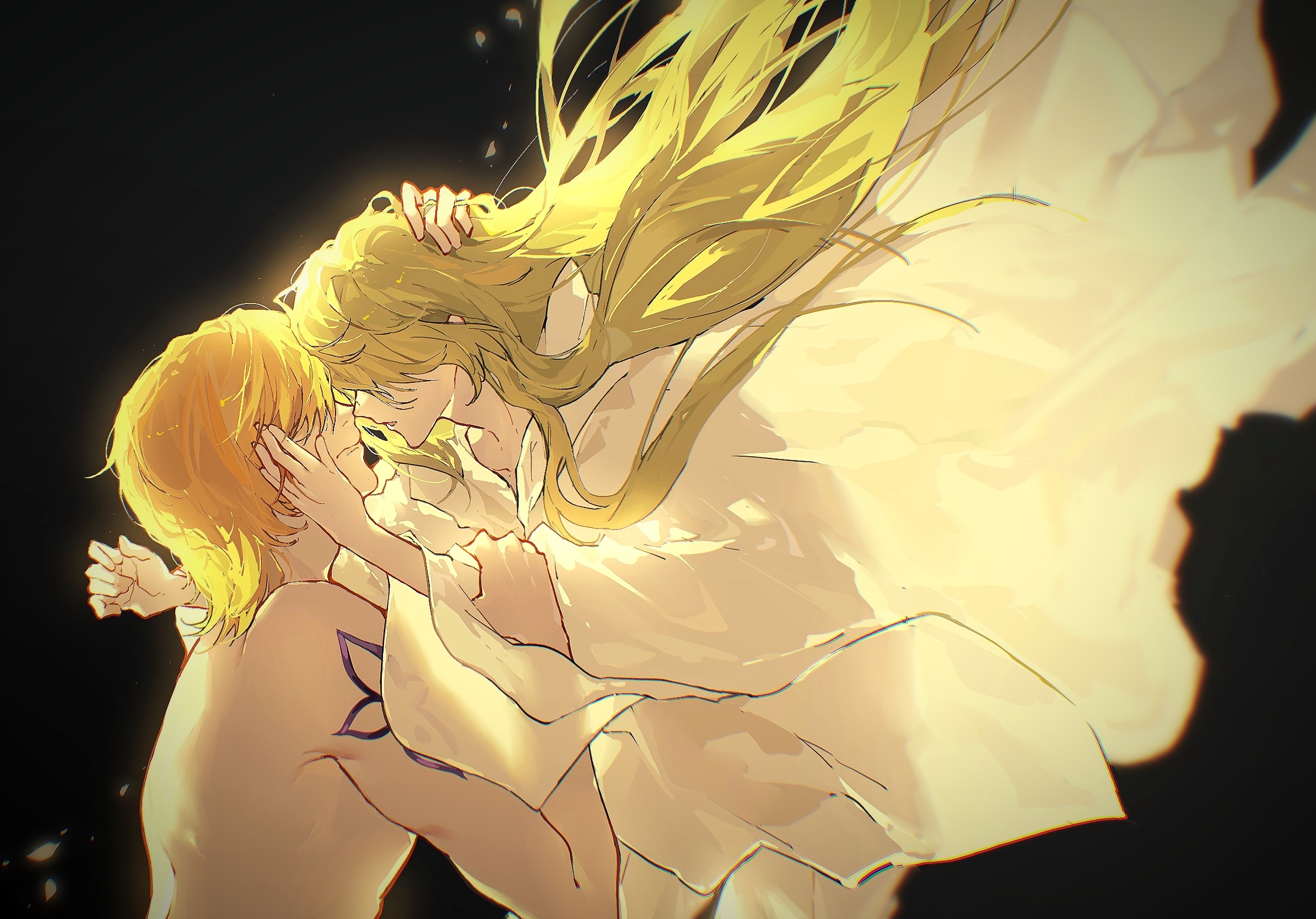 enkidu (fate), gilgamesh, gilgamesh (caster) (fate), gilgamesh (fate), fate/grand order, fate (series), chinese commentary, commentary request, highres, 1boy, 1other, androgynous, black background, blonde hair, floating hair, green hair, long hair, open mouth, other with male, profile, robe, sili5291, tattoo, topless male, white robe