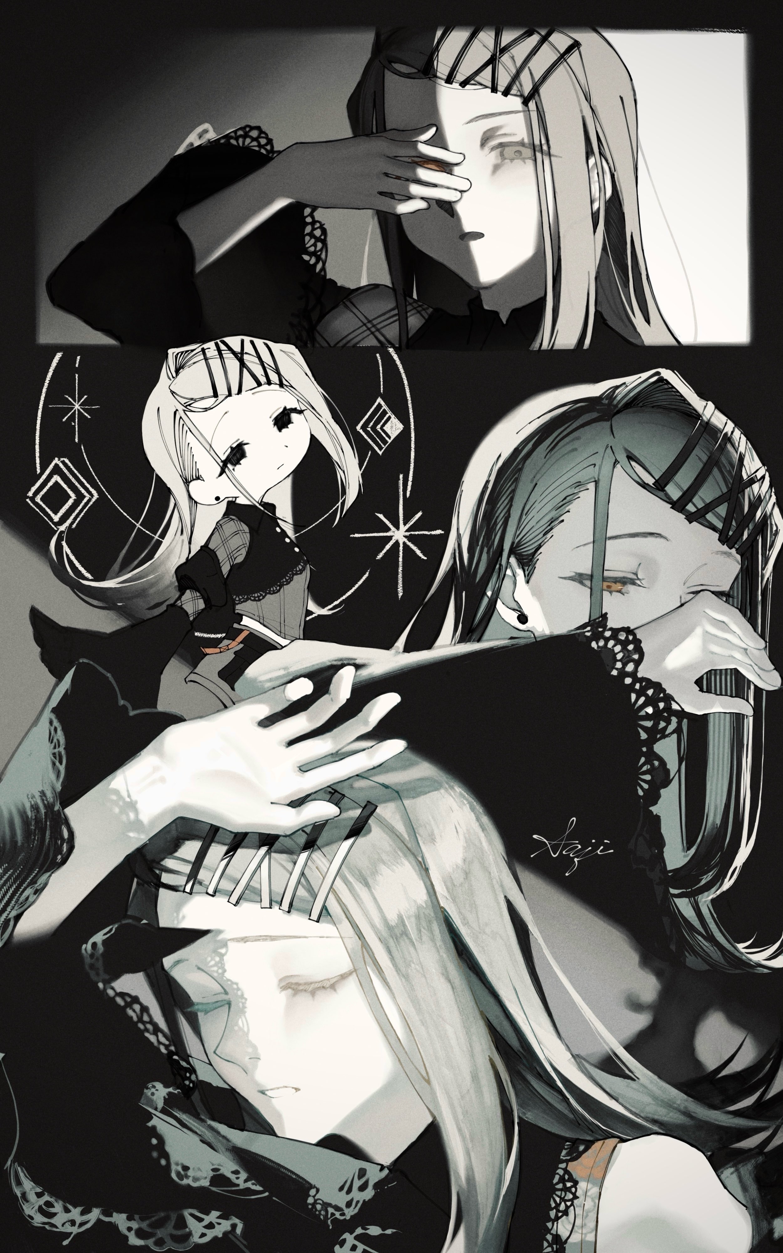 sajililli, shinosawa hiro, gakuen idolmaster, idolmaster, absurdres, commentary request, highres, 1girl, black dress, chibi, chibi inset, closed eyes, colored eyelashes, covering one eye, dress, expressionless, flipped hair, hair ornament, hairclip, half-closed eyes, hand up, limited palette, long hair, long sleeves, looking at viewer, multiple views, parallel hairclips, parted bangs, wide sleeves