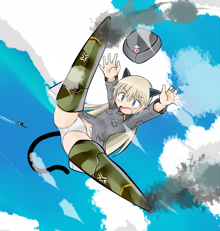 tanaka rikimaru, helma lennartz, strike witches, strike witches: suomus misfits squadron, world witches series, 00s, 1girl, animal ears, blonde hair, blue eyes, day, female focus, hat, no pants, panties, sky, smoke, solo, striker unit, tears, underwear, white panties