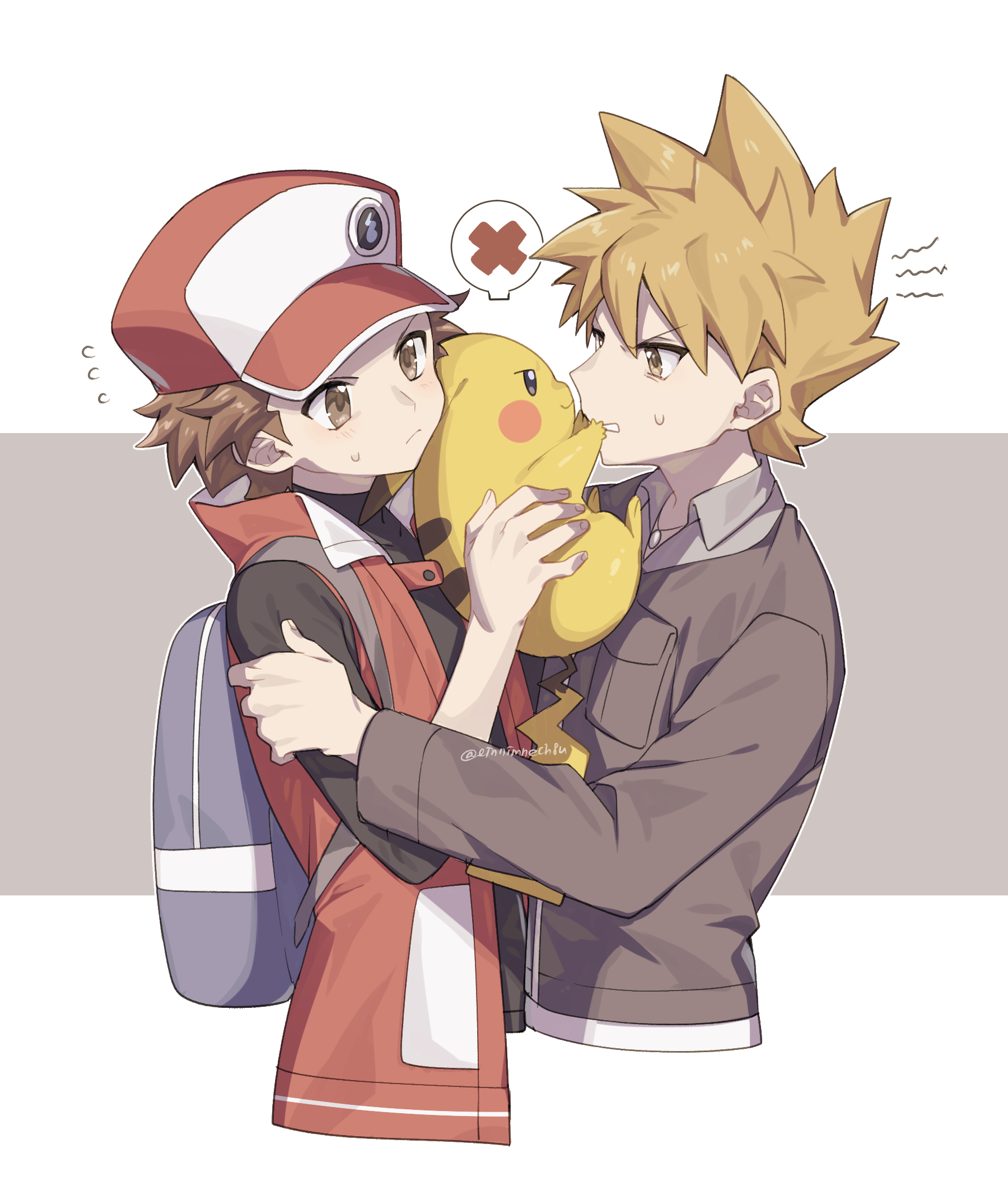 88 (einnimnech), blue oak, pikachu, red (pokemon), red (sygna suit) (pokemon), nintendo, pokemon, pokemon hgss, pokemon masters ex, commentary request, highres, 2boys, backpack, bag, black shirt, brown eyes, brown hair, closed mouth, collared shirt, flying sweatdrops, gen 1 pokemon, grey bag, grey shirt, hand on another's arm, hat, holding, holding pokemon, jacket, long sleeves, male focus, multiple boys, official alternate costume, open clothes, open vest, pokemon (creature), red hat, red vest, shirt, short hair, spiked hair, spoken x, sweatdrop, vest
