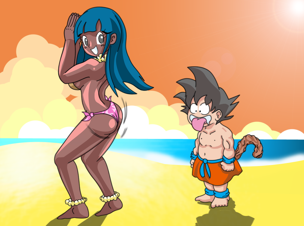 hokanuka, chi-chi (dragon ball), son goku, dragon ball, bad id, bad pixiv id, 1boy, 1girl, alternate skin color, ass shake, barefoot, beach, bikini, cloud, dancer, dark skin, feet, happy, horizon, long hair, motion lines, naughty face, orange sky, outdoors, side-tie bikini bottom, sky, smile, sun, swimsuit, tail, tan, tribal