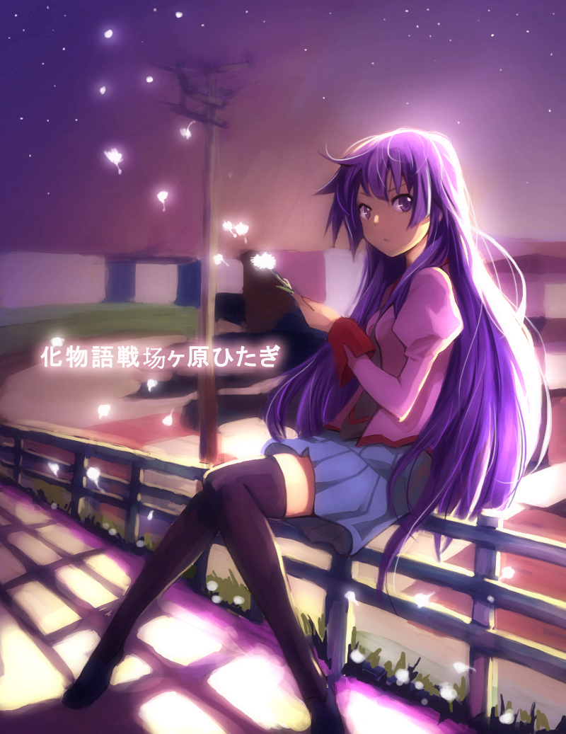 zhuxiao517, senjougahara hitagi, bakemonogatari, monogatari (series), bad id, bad pixiv id, 00s, 1girl, female focus, legs, purple hair, ranguage, school uniform, skirt, solo, thighhighs, zettai ryouiki