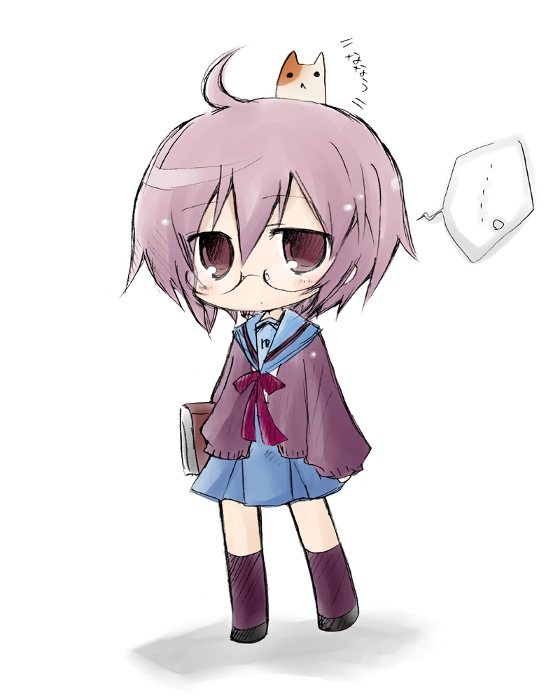 nejikirio, nagato yuki, shamisen (suzumiya haruhi), suzumiya haruhi no yuuutsu, 00s, 1girl, ahoge, animal, animal on head, book, brown eyes, calico (pattern), calico cat, cardigan, cat, cat on head, chibi, female focus, glasses, grey hair, on head, school uniform, serafuku, short hair, solo