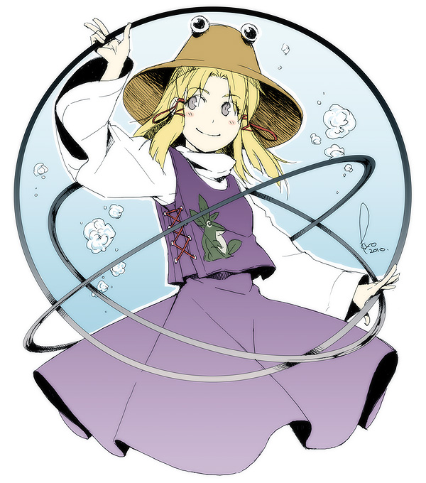 kyo (kuroichigo), moriya suwako, touhou, hoop, no legs, 1girl, blonde hair, chakram, dress, female focus, frog, grey eyes, hat, jewelry, long hair, long sleeves, moriya's iron rings, ring, solo, weapon