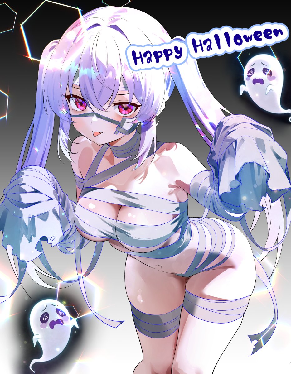 nta (n tan2), iriam, commentary, commentary request, english commentary, highres, mixed-language commentary, 1girl, bandages, breasts, cleavage, cowboy shot, double-parted bangs, ghost, gradient background, grey background, hair between eyes, halloween, halloween costume, hands up, happy halloween, large breasts, leaning forward, long hair, looking at viewer, mummy costume, naked bandage, navel, nitak (iriam), pink eyes, purple hair, smile, solo, tongue, tongue out, twintails, virtual youtuber