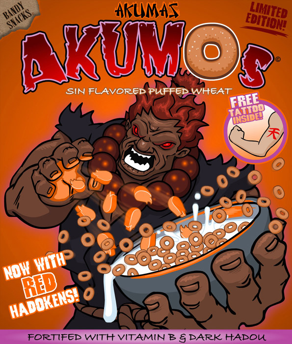akuma (street fighter), capcom, street fighter, cereal, english text, milk, parody, red eyes, red hair