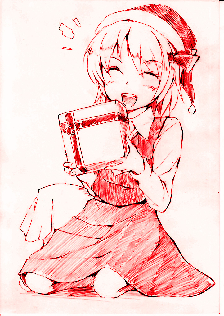 vent arbre, rumia, embodiment of scarlet devil, touhou, traditional media, 1girl, female focus, gift, hat, holding, holding gift, monochrome, pink background, red theme, santa hat, smile, solo