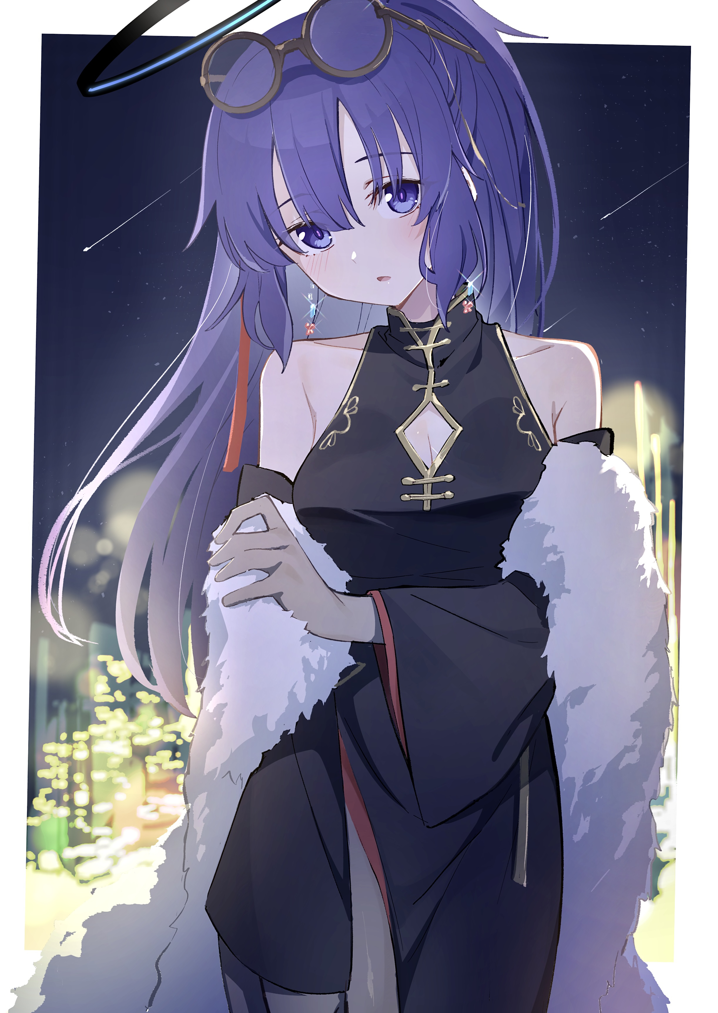 tamago sando, yuuka (blue archive), blue archive, absurdres, commentary, highres, 1girl, alternate costume, black halo, black sleeves, blue eyes, blue hair, breasts, cleavage cutout, clothing cutout, detached sleeves, eyewear on head, glasses, halo, long hair, looking at viewer, medium breasts, night, ponytail, round eyewear, solo