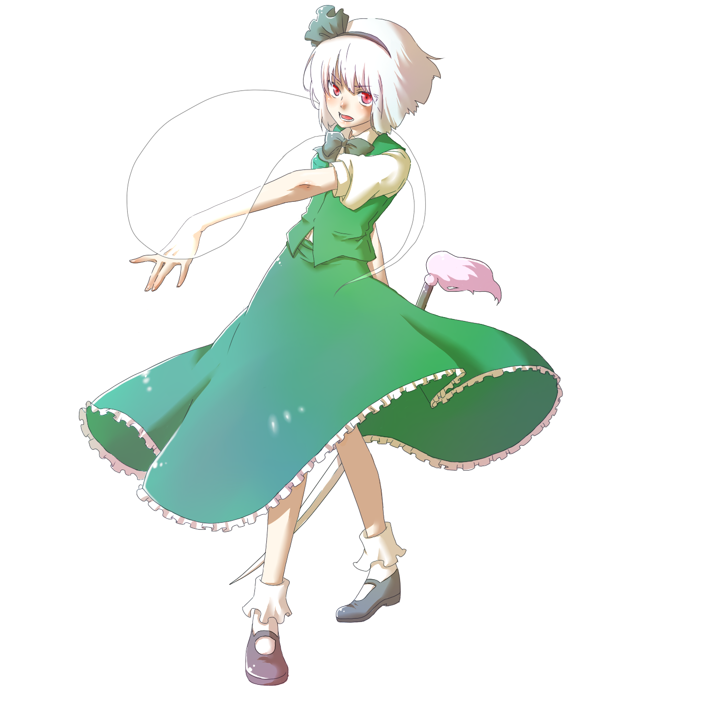 jun (kyurisin), konpaku youmu, konpaku youmu (ghost), touhou, highres, 1girl, blush, bow, dress, female focus, frills, full body, ghost, hairband, hitodama, katana, mary janes, red eyes, shoes, short hair, solo, sword, transparent background, weapon, white hair