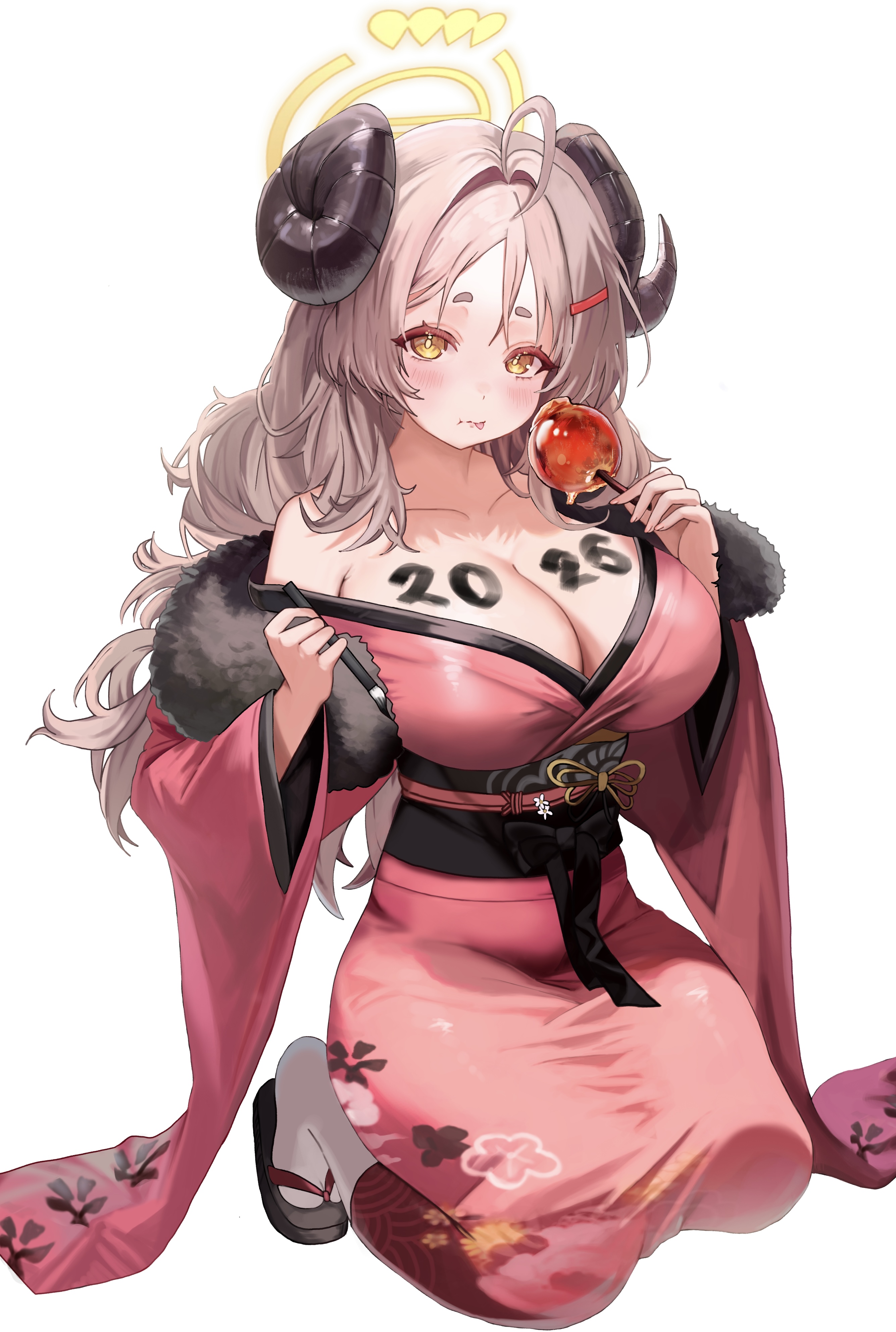 shogunx1x, izumi (blue archive), izumi (new year) (blue archive), blue archive, absurdres, commentary, english commentary, highres, 1girl, bare shoulders, black sash, breasts, candy apple, cleavage, closed mouth, demon girl, demon horns, food, food in mouth, fur-trimmed kimono, fur trim, furisode, grey hair, halo, holding, holding candy apple, holding food, horns, huge breasts, japanese clothes, kimono, kneeling, long hair, looking at viewer, obi, official alternate costume, pink kimono, sandals, sash, sidelocks, solo, tabi, tongue, tongue out, wide sleeves, yellow eyes, yellow halo