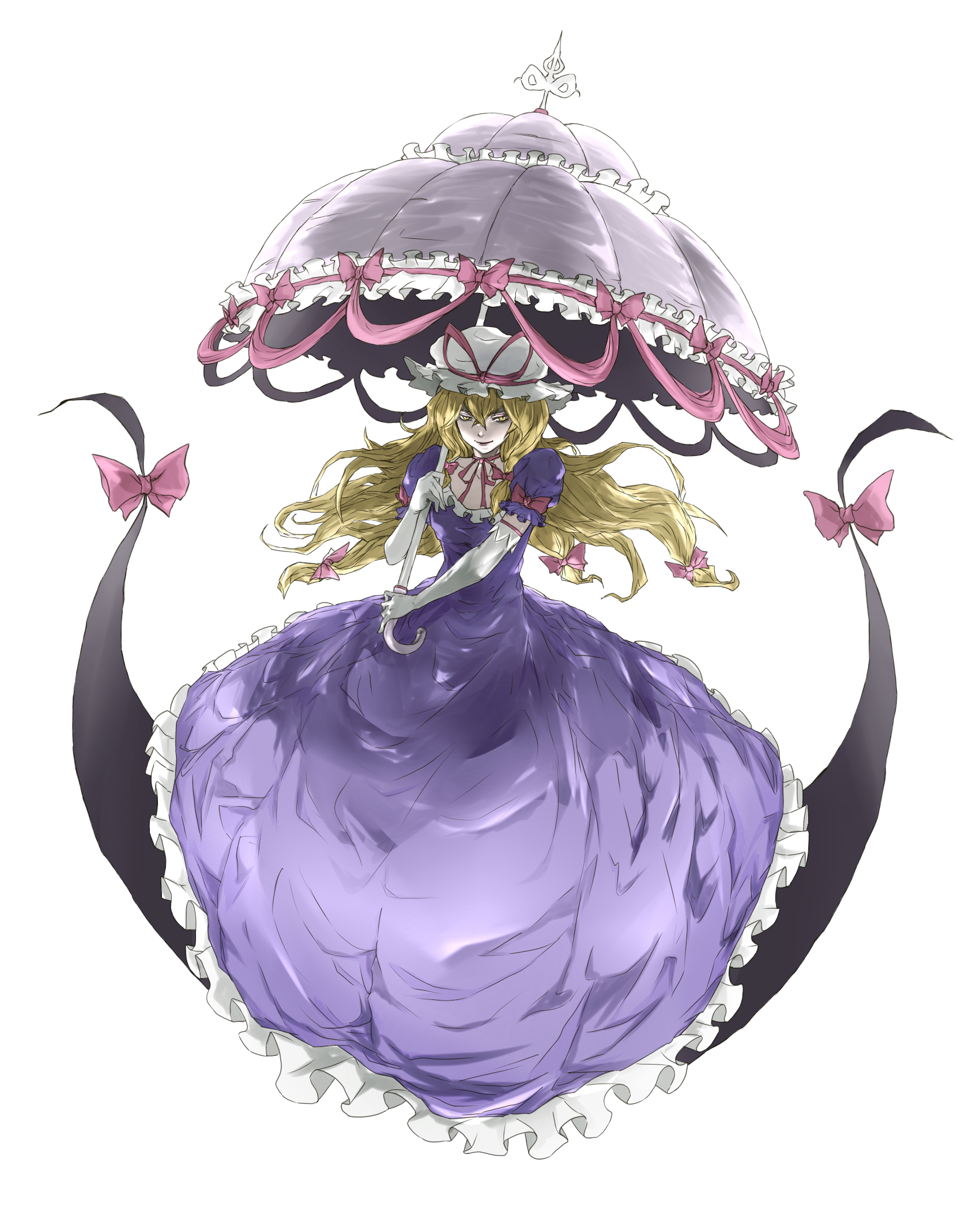 enola (ebanataw), yakumo yukari, touhou, highres, 1girl, blonde hair, bonnet, bow, dress, elbow gloves, female focus, frills, full body, gap (touhou), gloves, hair bow, hair ribbon, hat, long hair, parasol, ribbon, smile, solo, transparent background, umbrella, yellow eyes