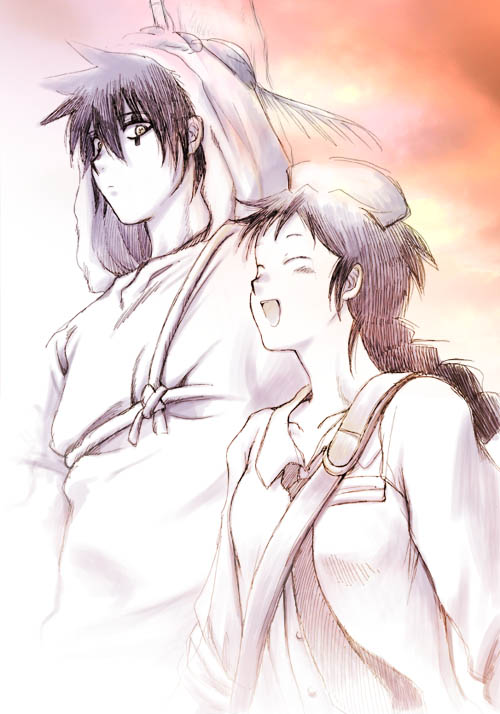 hisoka m, dokuga, natsuki (dorohedoro), dorohedoro, 1boy, 1girl, antennae, closed eyes, expressionless, hood, necktie, nurse, open mouth, smile, spot color, tattoo