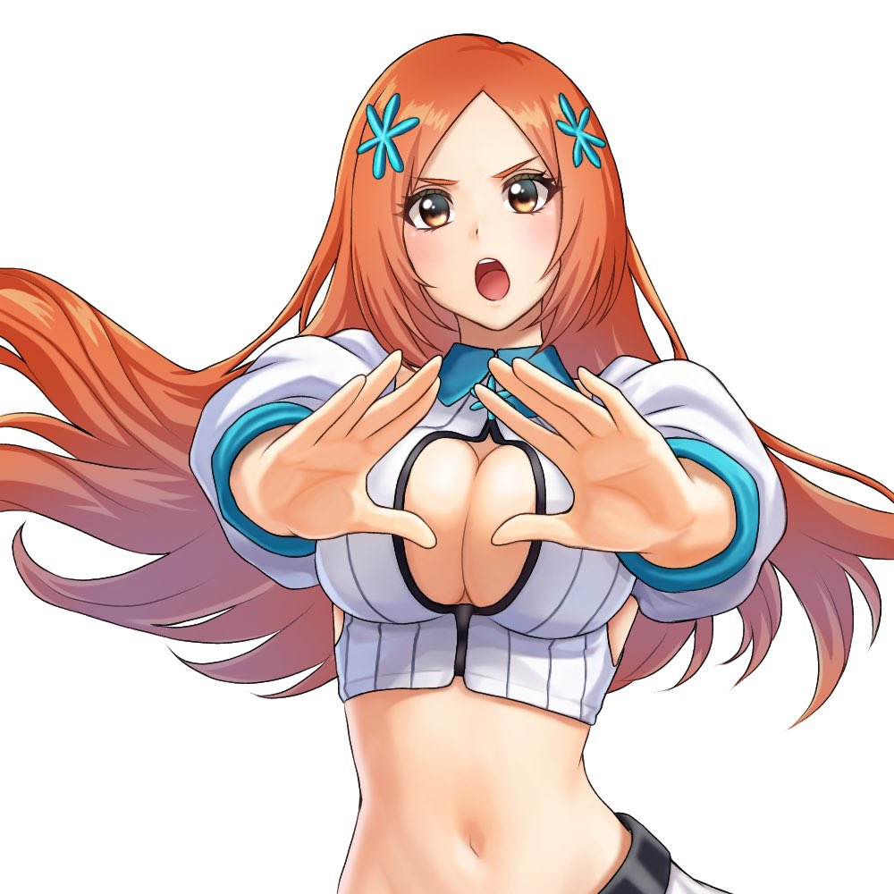 inoue orihime, bleach, bleach: sennen kessen-hen, tagme, 1girl, breasts, brown eyes, cleavage, cleavage cutout, clothing cutout, female focus, hair ornament, large breasts, long hair, open mouth, orange hair, simple background