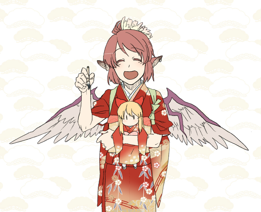 torinone, mystia lorelei, shanghai doll, touhou, 1girl, animal ears, blonde hair, brown hair, calligraphy brush, doll, earrings, female focus, floral print, floral print kimono, flower, japanese clothes, jewelry, kimono, paintbrush, pink hair, print kimono, short hair, smile, solo, standing, wings