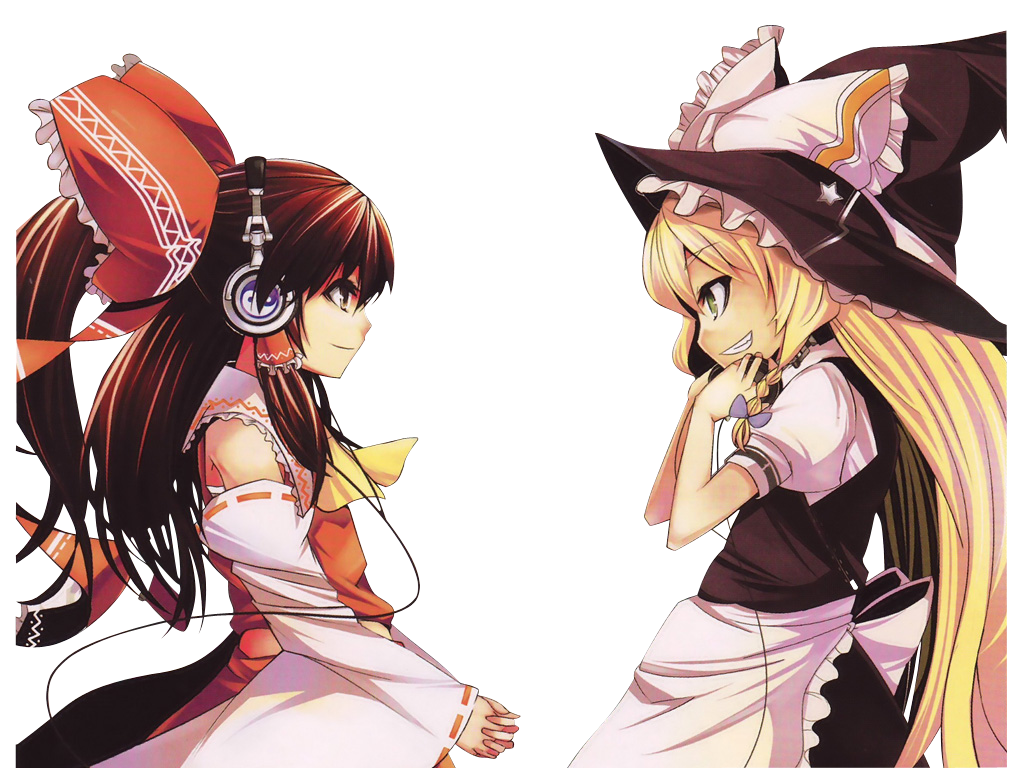 nirai kanai, hakurei reimu, kirisame marisa, touhou, 2girls, apron, blonde hair, bow, braid, brown hair, detached sleeves, dress, female focus, hair bow, hat, headphones, japanese clothes, long hair, miko, multiple girls, ponytail, transparent background, witch, witch hat