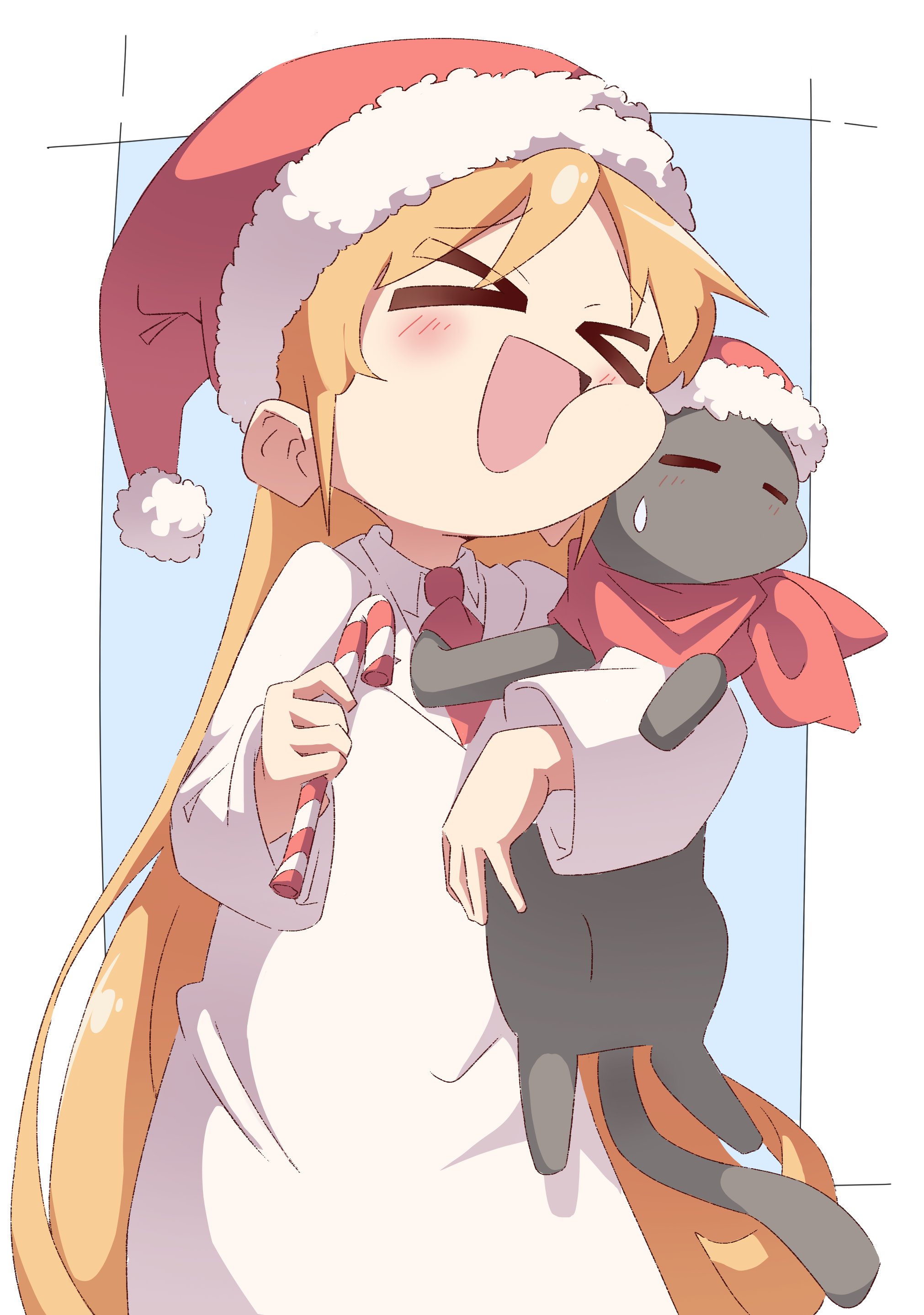 professor shinonome, sakamoto (nichijou), nichijou, absurdres, commentary, english commentary, highres, > <, 1girl, animal, black cat, blonde hair, blush, candy, candy cane, cat, cheek press, christmas, closed eyes, food, hat, holding, holding animal, holding candy, holding food, kazuke (kazuke9801), lab coat, long hair, long sleeves, necktie, open mouth, pushing away, santa hat, scarf, smile, sweatdrop, very long hair