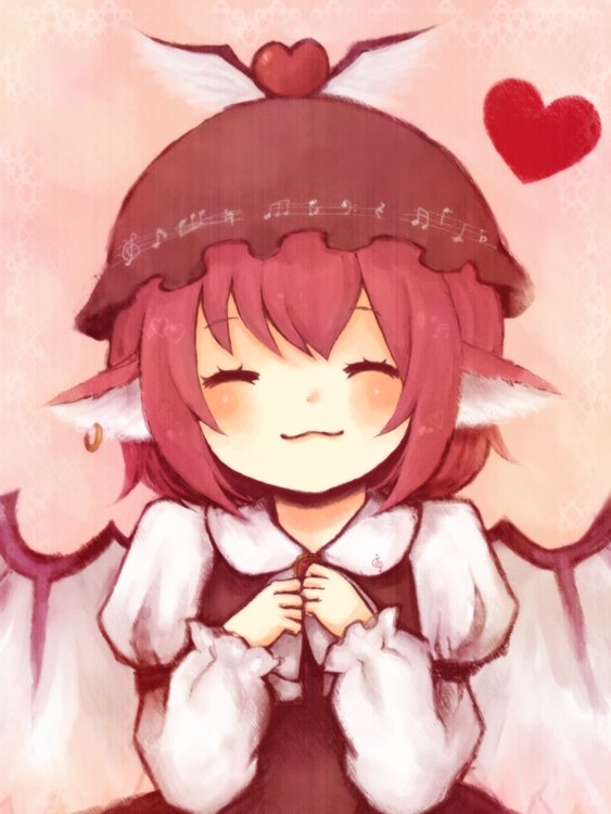 1st-mn, mystia lorelei, touhou, 1girl, :3, ^ ^, animal ears, blush, closed eyes, earrings, female focus, hat, heart, jewelry, pink hair, short hair, smile, solo, wings