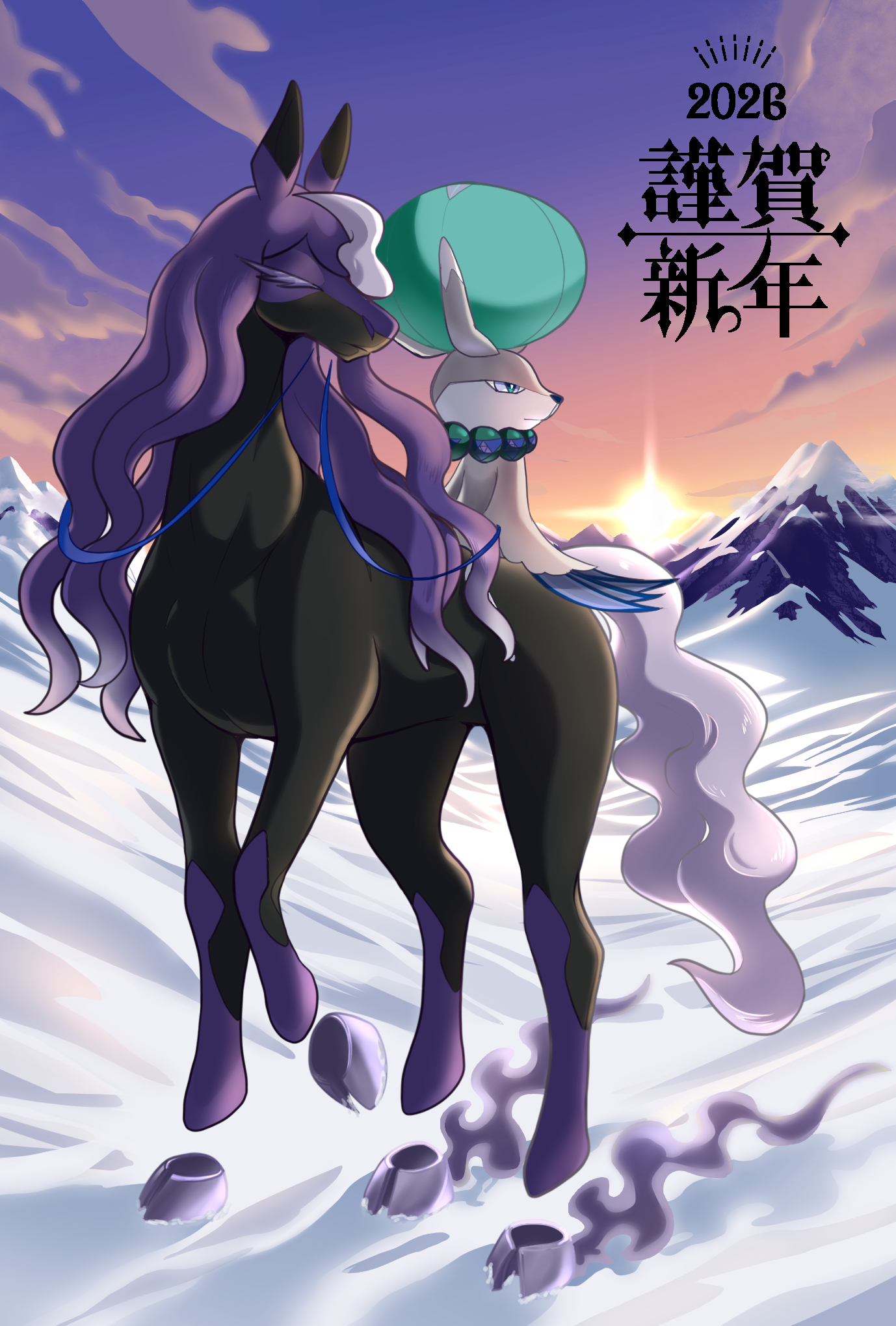 netiel, calyrex, calyrex (rider), spectrier, nintendo, pokemon, commentary request, highres, 2026, cloud, dusk, gen 8 pokemon, legendary pokemon, mountain, outdoors, pokemon (creature), riding, riding pokemon, sitting, sky, snow, sunset
