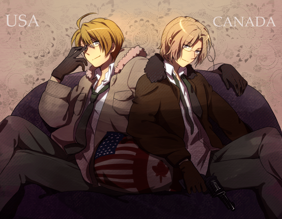 tomako, america (hetalia), canada (hetalia), axis powers hetalia, clothes, bad id, bad pixiv id, 2boys, adjusting eyewear, ahoge, america (hetalia) (cosplay), american flag, blonde hair, brothers, canada (hetalia) (cosplay), cosplay, costume switch, crossed legs, flag, glasses, gloves, gun, jacket, multiple boys, necktie, pants, purple eyes, short hair, siblings, sitting, smile, twins, undone necktie, weapon