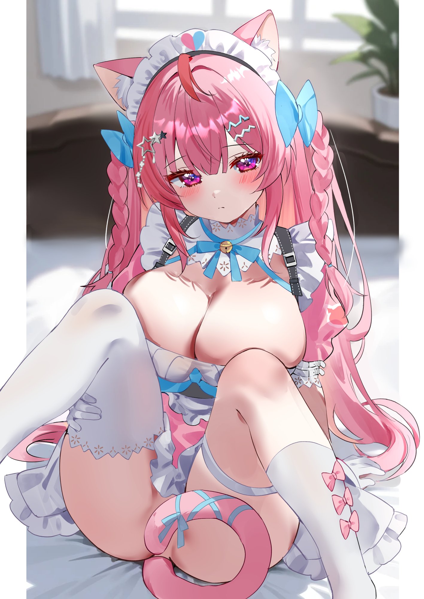 nta (n tan2), yuuki sakuna, yuuki sakuna (3rd costume), indie virtual youtuber, commentary, highres, symbol-only commentary, 1girl, ahoge, animal ear fluff, animal ears, asymmetrical legwear, bell, blue bow, blush, bow, braid, breasts, cat ears, cat girl, cat tail, cleavage, closed mouth, double-parted bangs, dress, feet out of frame, frilled dress, frills, hair between eyes, hair bow, hair ornament, hairclip, heart, heart hair ornament, jingle bell, knees up, large breasts, long hair, looking at viewer, maid, maid headdress, neck bell, no panties, parallel hairclips, pink dress, pink eyes, pink hair, short dress, short sleeves, sitting, solo, tail, tail censor, thighhighs, twin braids, virtual youtuber, white thighhighs