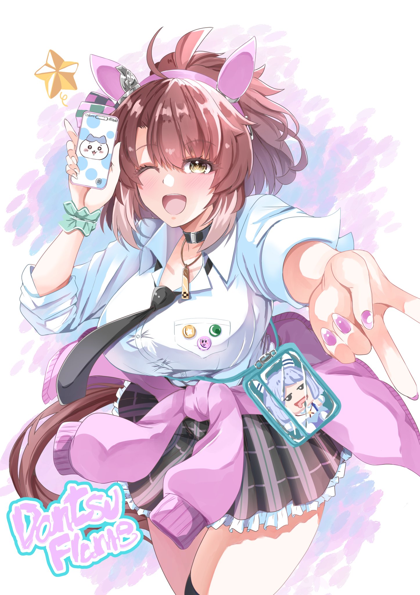 kentan (kingtaiki), dantsu flame (umamusume), hishi miracle (miracle make-up!) (umamusume), hishi miracle (umamusume), umamusume, commentary request, highres, 1girl, ahoge, animal ears, bag, black choker, black necktie, black skirt, black thighhighs, blush, bow, breasts, brown eyes, brown hair, cardigan, cardigan around waist, cellphone charm, character doll, charm (object), checkered ribbon, choker, clothes around waist, collarbone, doll, ear covers, ear ribbon, gyaru, hair between eyes, hairband, holding, holding phone, horse ears, horse girl, horse tail, large breasts, long sleeves, looking at viewer, multicolored hair, necktie, one eye closed, open mouth, phone, pin, pink cardigan, pink hairband, pink nails, pleated skirt, scrunchie, shirt, skirt, smile, solo, tail, thighhighs, v, white hair, white shirt, wrist scrunchie