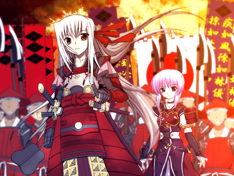 wakou tensui, yan-yam, sanada yukimura (sengoku hime), takeda shingen (sengoku hime), sengoku hime, game cg, 2girls, 6+boys, army, banner, bridal gauntlets, choker, flag, flat chest, gloves, hair ribbon, hat, japanese clothes, long hair, multiple boys, multiple girls, multiple swords, nobori, one eye closed, polearm, purple eyes, purple hair, red eyes, ribbon, sheath, short hair, smile, spear, sword, very long hair, weapon, white hair