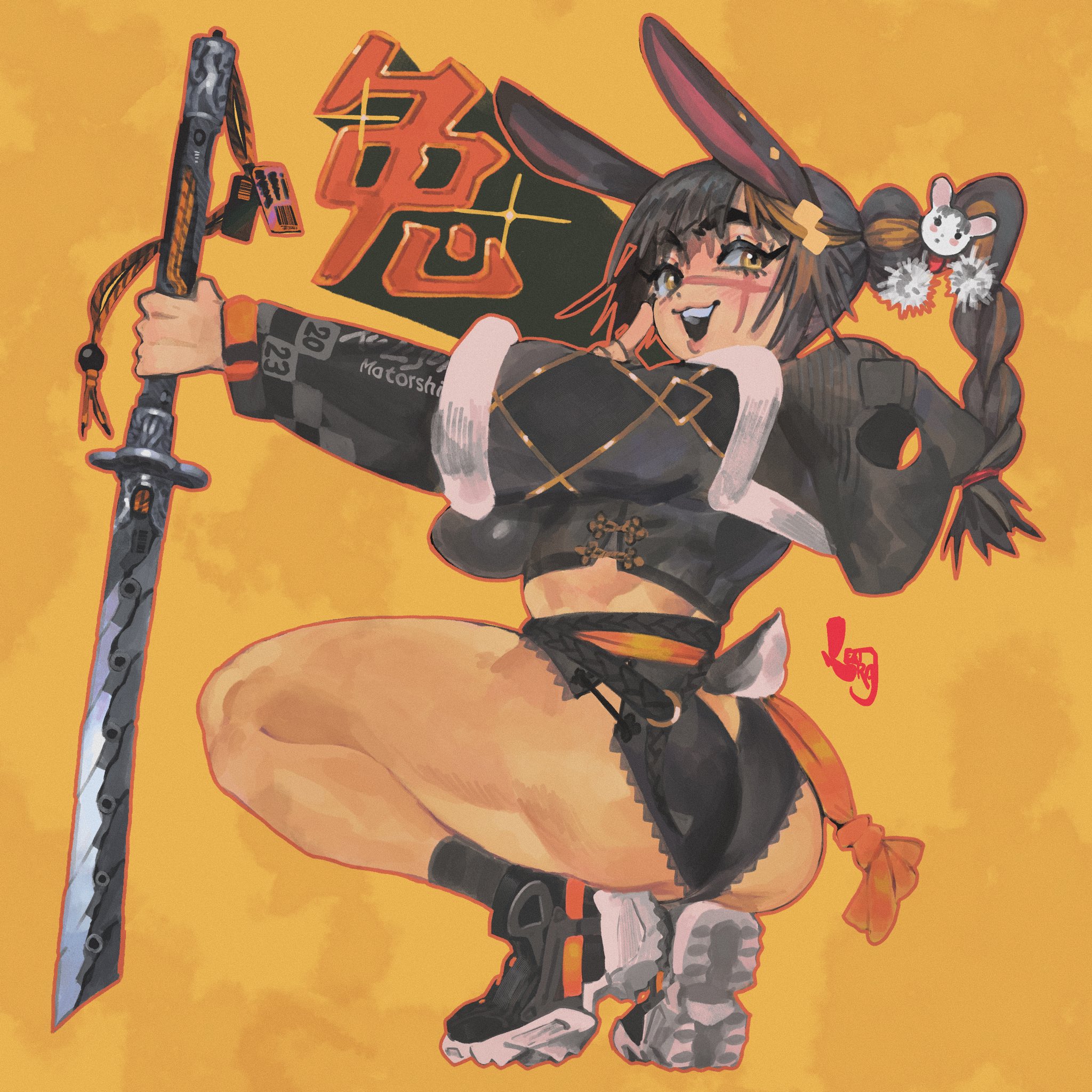 keziedra, original, commentary, english commentary, highres, 1girl, 2023, animal ears, ass, black hair, black jacket, black shoes, blonde hair, braid, braided ponytail, breasts, character hair ornament, chinese zodiac, cropped jacket, cross scar, facial scar, from behind, full body, hair ornament, holding, holding sword, holding weapon, jacket, katana, large breasts, long sleeves, looking back, multicolored hair, outline, rabbit ears, rabbit girl, rabbit tail, red outline, scar, scar on cheek, scar on face, scar on nose, shoes, single braid, sneakers, solo, squatting, sword, tail, two-tone hair, weapon, year of the rabbit, yellow eyes