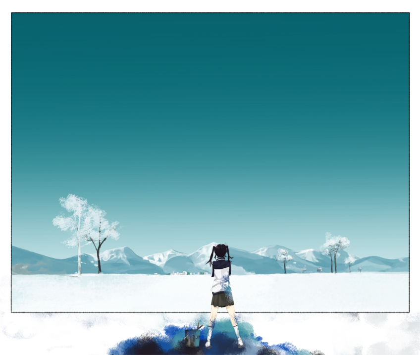 110 gou, original, 1girl, brown hair, bucket, canvas (object), female focus, landscape, mountain, paint, painting (action), scenery, snow, socks, solo, tree, twintails