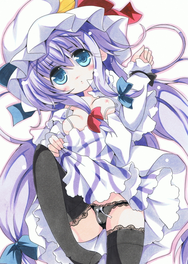 milkpanda, patchouli knowledge, touhou, marker (medium), traditional media, 1girl, blue eyes, breasts, female focus, hat, long hair, lying, nipples, panties, solo, thighhighs, underwear