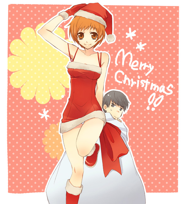 keromaro, narukami yu, satonaka chie, atlus, persona, persona 4, bad id, bad pixiv id, 1boy, 1girl, boots, brown eyes, brown hair, christmas, gloves, legs, panties, pantyshot, ribbon, sack, santa costume, short hair, underwear