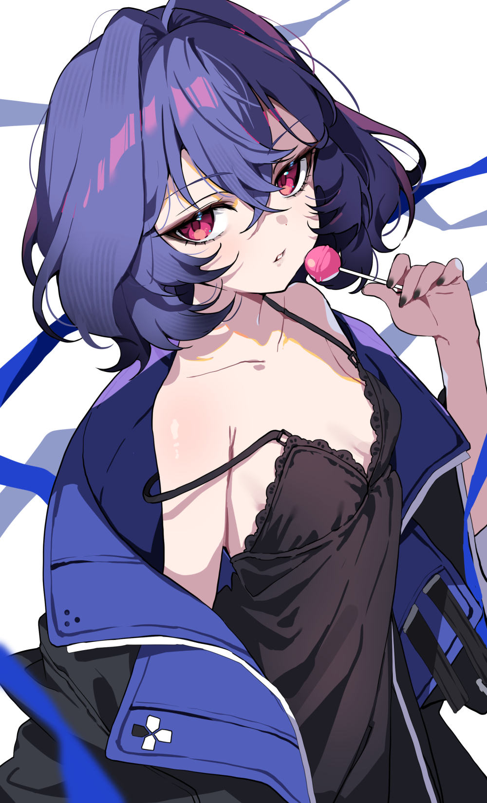 yotte, original, commentary request, highres, korean commentary, 1girl, bare shoulders, black camisole, black jacket, black nails, blue hair, blue jacket, breasts, camisole, candy, collarbone, crossed bangs, food, hair between eyes, holding, holding candy, holding food, holding lollipop, jacket, lollipop, multicolored jacket, nail polish, open clothes, open jacket, parted lips, pink eyes, short hair, simple background, small breasts, solo, spaghetti strap, two-tone jacket, upper body, white background