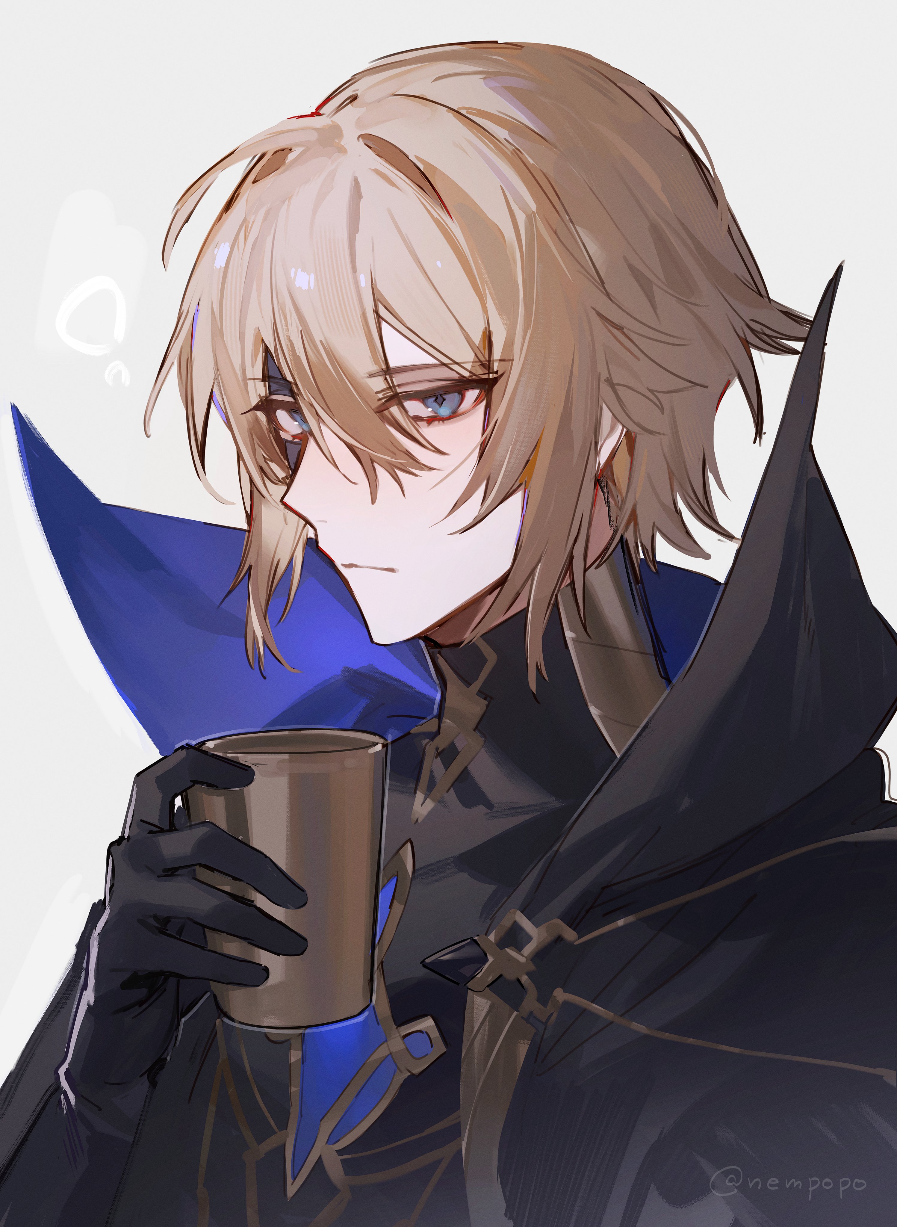 shuukenyuu, dainsleif (genshin impact), genshin impact, absurdres, highres, 1boy, black gloves, black shirt, blonde hair, blue eyes, closed mouth, cup, diamond-shaped pupils, diamond (shape), gloves, hair between eyes, half mask, hand up, holding, holding cup, looking at viewer, male focus, mask, mystical high collar, shirt, short hair, simple background, solo, symbol-shaped pupils, twitter username, upper body