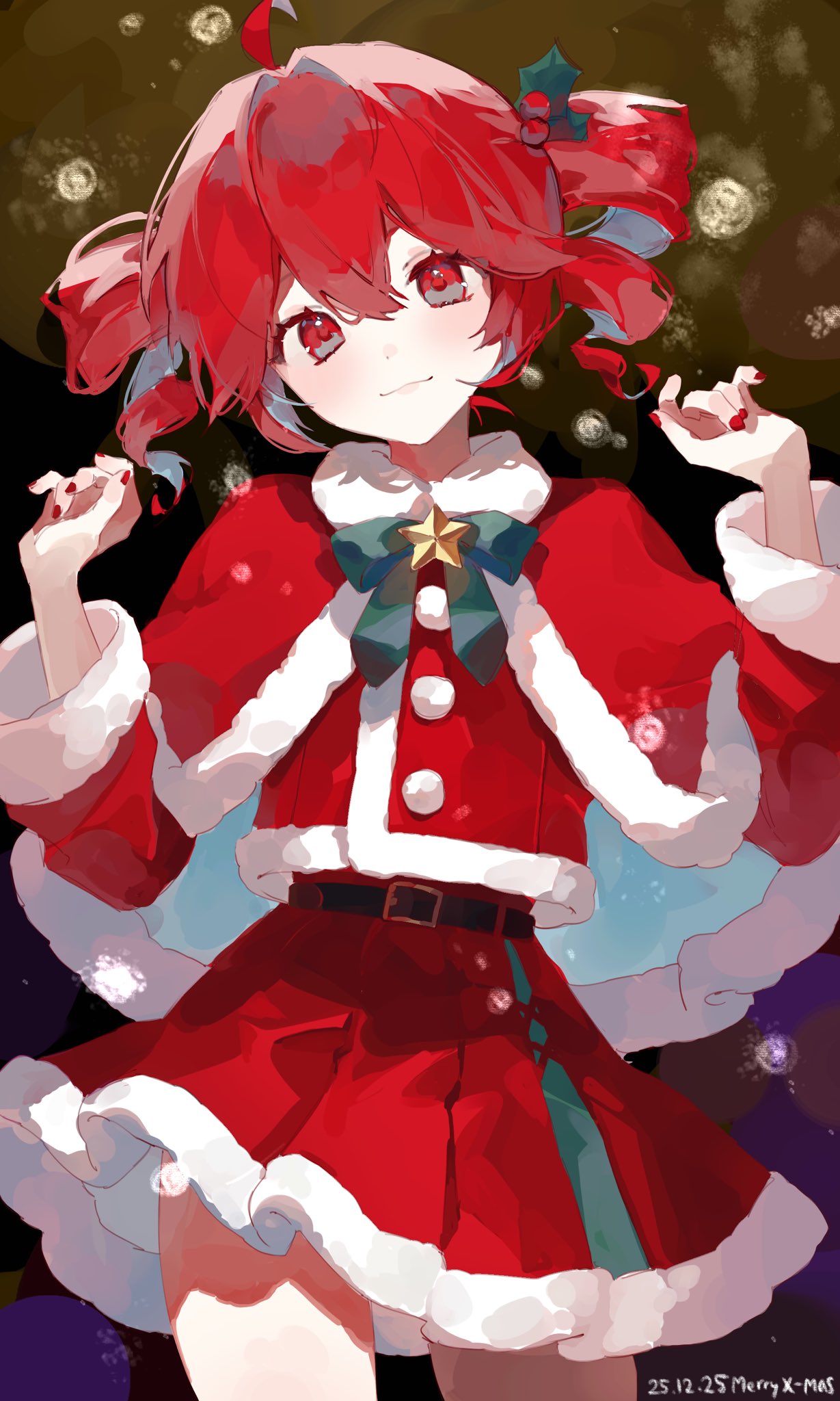nrum rmfla0, kasane teto, utau, commentary, highres, symbol-only commentary, 1girl, ahoge, belt, brooch, capelet, christmas, cowboy shot, dated, drill hair, fur-trimmed capelet, fur-trimmed skirt, fur-trimmed sleeves, fur collar, fur trim, hair ornament, hands up, holly hair ornament, jewelry, long sleeves, merry christmas, nail polish, neck ribbon, pom pom (clothes), red eyes, red hair, ribbon, santa costume, skirt, smile, solo, star (symbol), star brooch, twin drills
