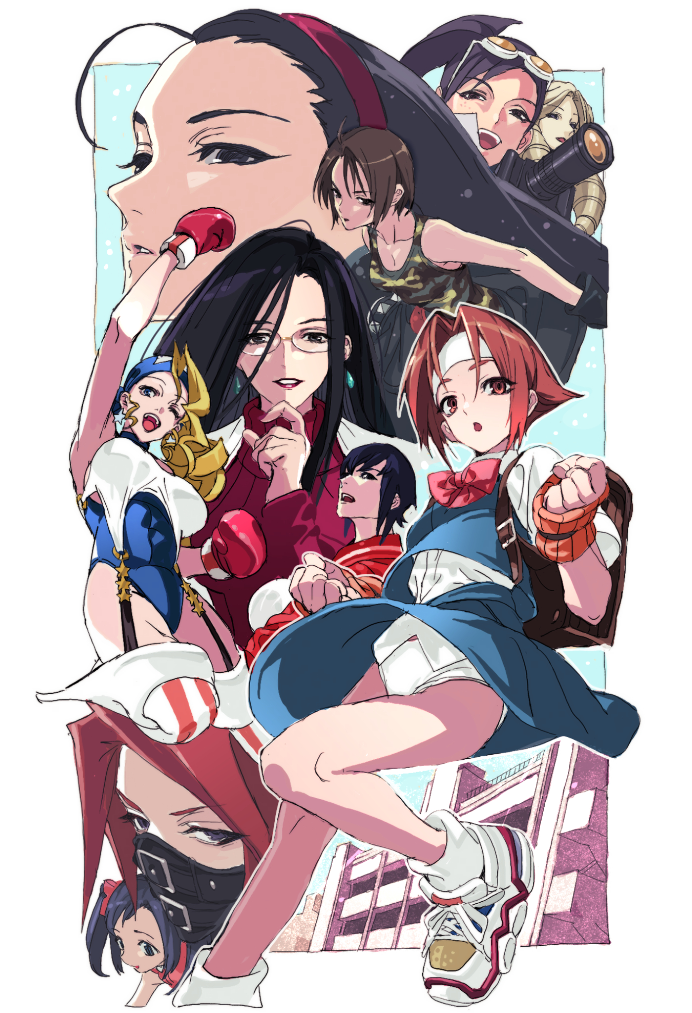 nobita (makoto7060355), ayuhara natsu, hibiki ran, iinchou (justice gakuen), karuizawa momo, kazama akira, kirishima yurika, minazuki kyoko, tiffany lords, wakaba hinata, zaki (justice gakuen), justice gakuen, shiritsu justice gakuen, highres, 6+girls, ahoge, bag, black gloves, black hair, blonde hair, blue leotard, blue one-piece swimsuit, blue skirt, blush, boxing gloves, brown hair, camouflage vest, coat, collarbone, drill hair, earrings, eyewear on head, glasses, gloves, hairband, hand up, headband, jewelry, leotard, long hair, looking at viewer, looking up, mask, mouth mask, multiple girls, one-piece swimsuit, open mouth, panties, parted lips, ponytail, purple hair, red eyes, red hair, red hairband, red lips, red sweater, school, school bag, school uniform, shoes, short hair, skirt, smile, socks, sweater, swimsuit, twin drills, twintails, underwear, wavy bangs, white coat, white headband, white panties, white shoes, white socks, wind, wind lift