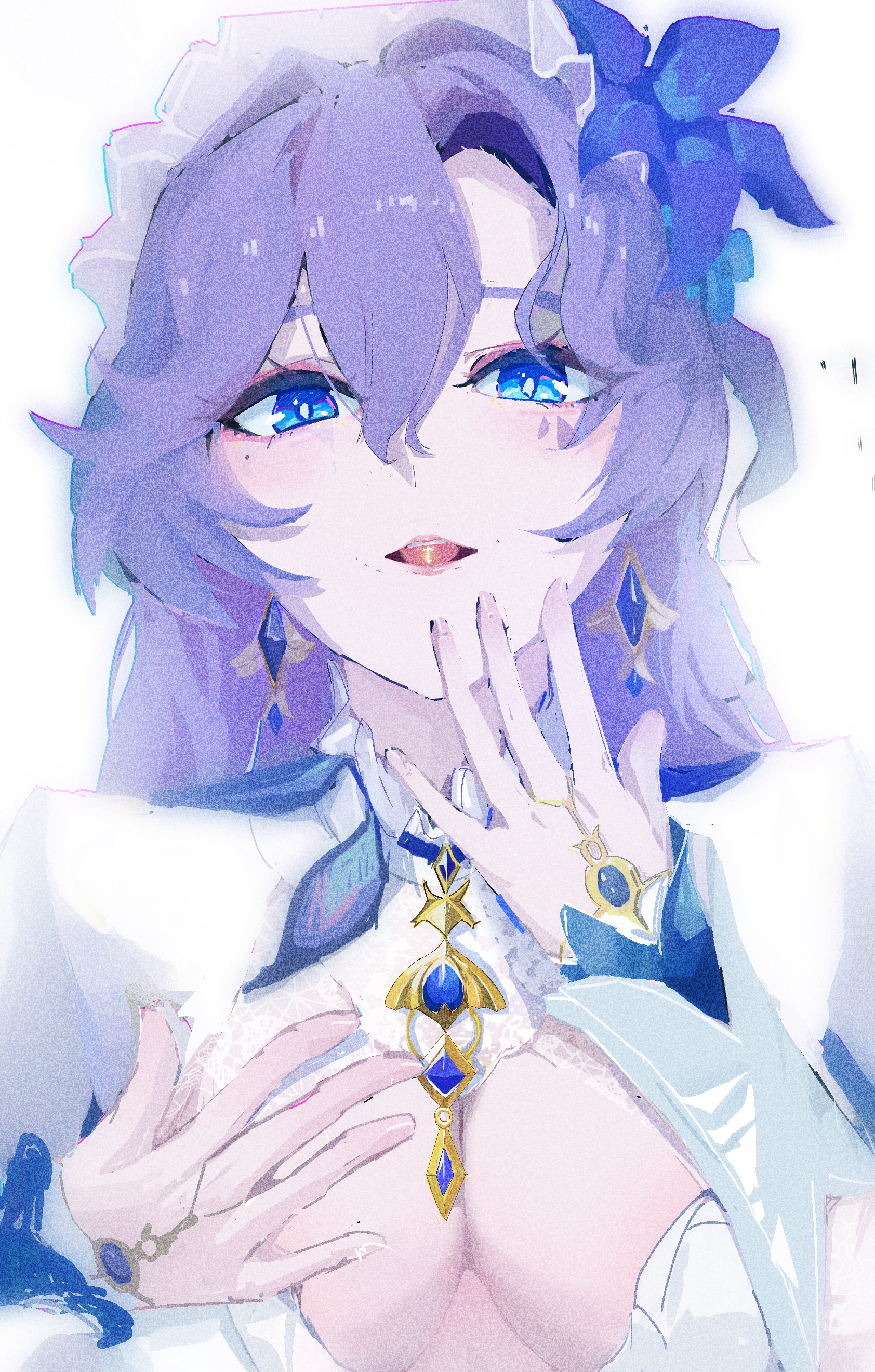 cantarella (wuthering waves), wuthering waves, absurdres, chinese commentary, commentary request, highres, partial commentary, 1girl, 37sanshiqi, blue eyes, blue flower, breasts, cleavage, earrings, facial mark, film grain, flower, hair between eyes, hair flower, hair ornament, hand up, headdress, heavy film grain, jewelry, long hair, looking at viewer, mark under eye, medium breasts, purple hair, shrug (clothing), simple background, solo, upper body, white background, white shrug