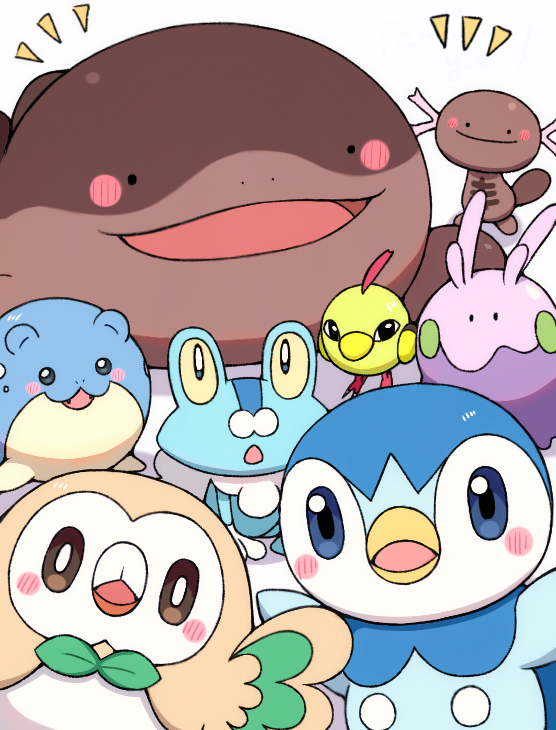 clodsire, froakie, goomy, natu, paldean wooper, piplup, rowlet, spheal, nintendo, pokemon, commentary request, :d, :o, black eyes, blue eyes, blush stickers, bright pupils, brown eyes, gen 2 pokemon, gen 3 pokemon, gen 4 pokemon, gen 6 pokemon, gen 7 pokemon, momiyon, no humans, notice lines, open mouth, pokemon (creature), pokemon focus, smile, white pupils