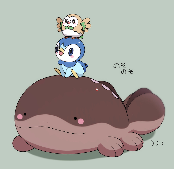 clodsire, piplup, rowlet, nintendo, pokemon, commentary request, black eyes, blue eyes, blush stickers, closed mouth, gen 4 pokemon, gen 7 pokemon, grey background, momiyon, no humans, on head, open mouth, pokemon (creature), pokemon focus, pokemon on head, smile, tongue