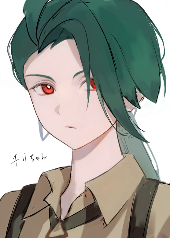 rika (pokemon), nintendo, pokemon, pokemon sv, commentary request, 1girl, bright pupils, brown shirt, character name, closed mouth, collared shirt, earrings, green hair, jewelry, long hair, looking at viewer, momiyon, portrait, red eyes, shirt, simple background, solo, suspenders, white pupils