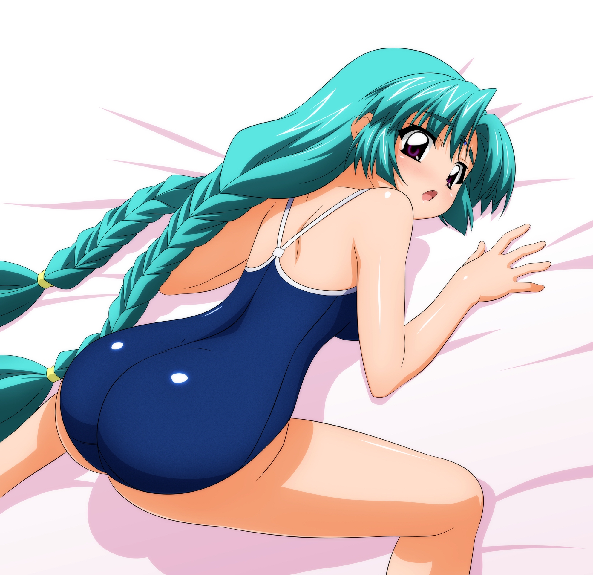 sugimura tomokazu, canal vorfeed, lost universe, highres, 1990s (style), all fours, ass, bed, blush, braid, green hair, long hair, looking back, one-piece swimsuit, purple eyes, school swimsuit, swimsuit, twin braids