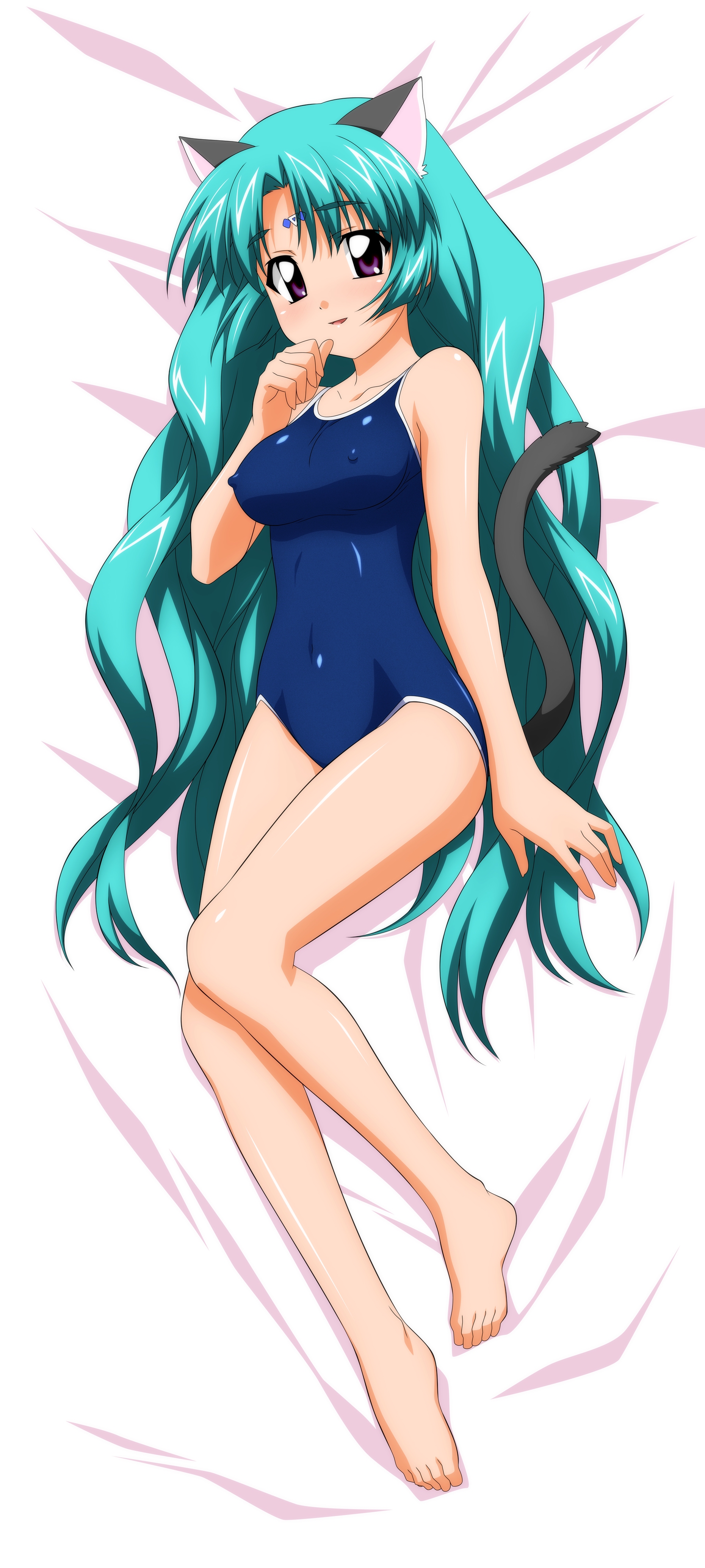 sugimura tomokazu, canal vorfeed, lost universe, absurdres, highres, long image, tall image, 1990s (style), animal ears, barefoot, bed, cat ears, cat tail, dakimakura (medium), feet, green hair, long hair, nipples, one-piece swimsuit, swimsuit, tail