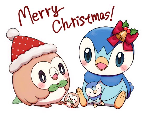 piplup, rowlet, nintendo, pokemon, commentary, :d, bell, blue eyes, blush, bow, character doll, christmas, doll, gen 4 pokemon, gen 7 pokemon, happy, hat, holding, holding doll, merry christmas, momiyon, no humans, open mouth, pokemon (creature), pokemon focus, red bow, red hat, smile